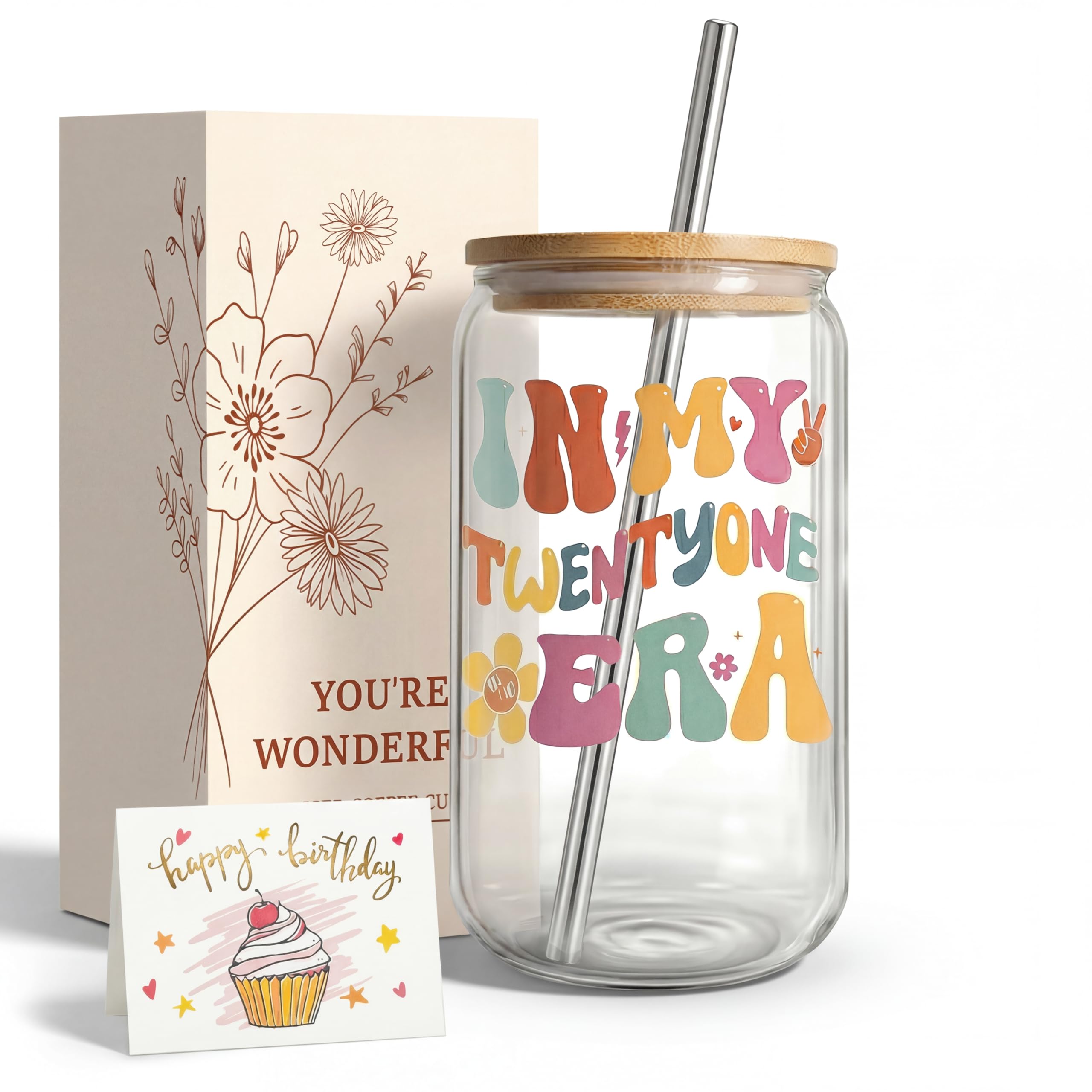 ZUFIO 21st Birthday Gifts for Girls, in My Twenty First Era Glass Tumbler with Bamboo Lid, Straw & Birthday Card, BPA-Free 21st Birthday Mug Alternative