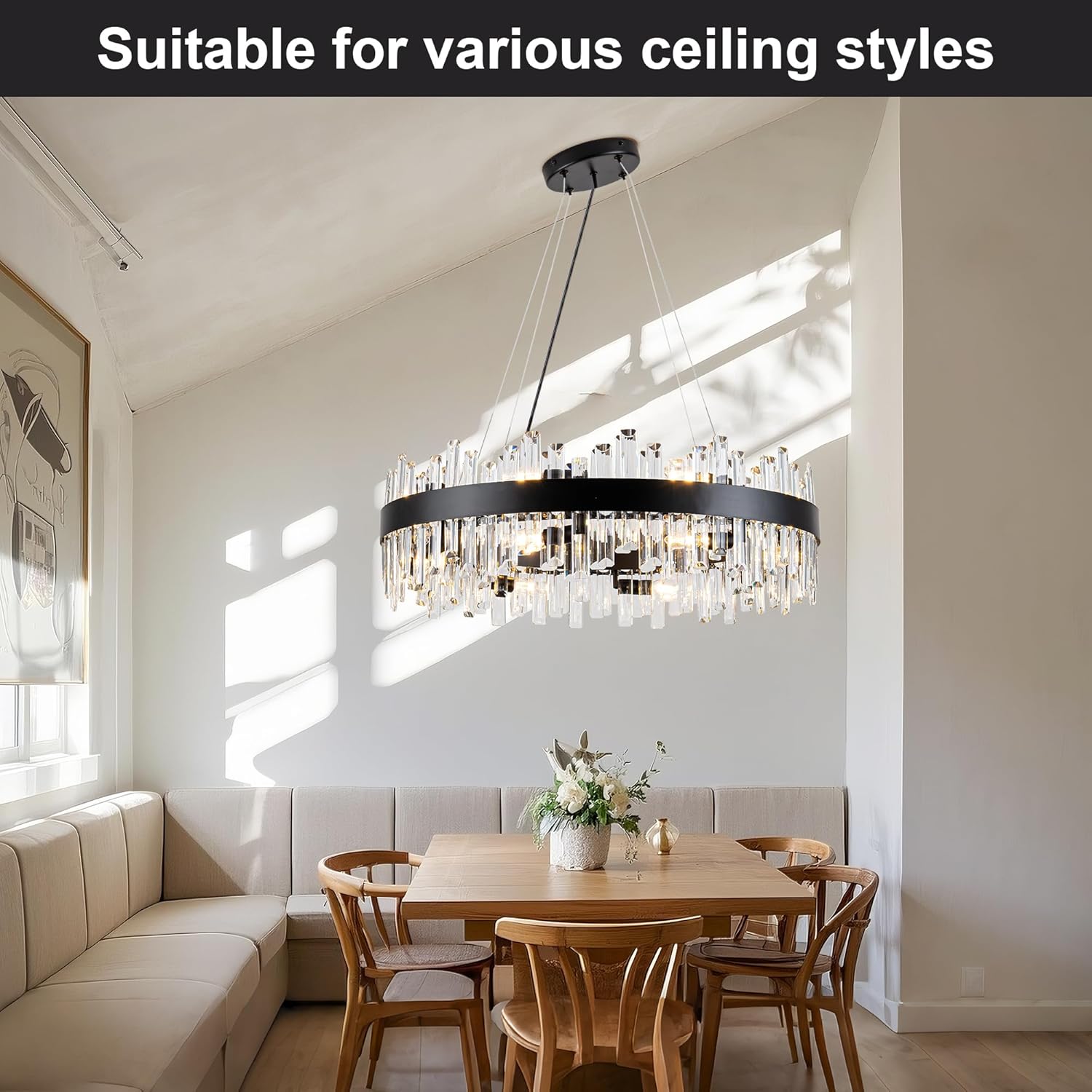 MAYNA Modern Round Black Crystal Chandelier,16 Lights,Height-Adjustable Rectangular Crystal Ceiling Light,Suitable for Dining Rooms,Living Rooms,and Kitchen Island,L31.5