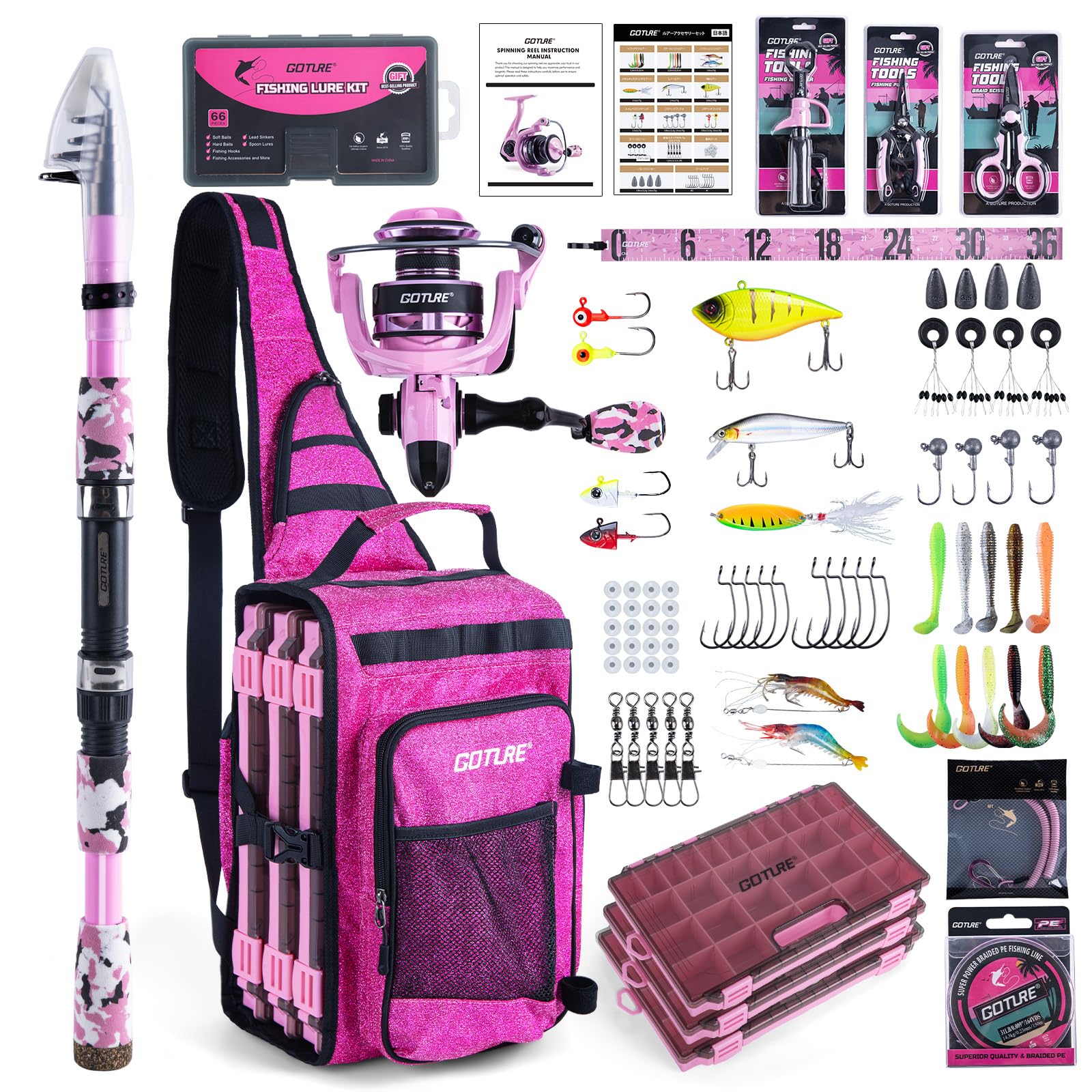 Goture Bling Pink Fishing Rod and Reel Combos with 20L Sling Bag, Telescopic Pole Spinning Reel Lures 3 Tackle Boxes Set, Telescopic Fishing Rod Fishing Kit for Travel Saltwater Freshwater 1.8M A2