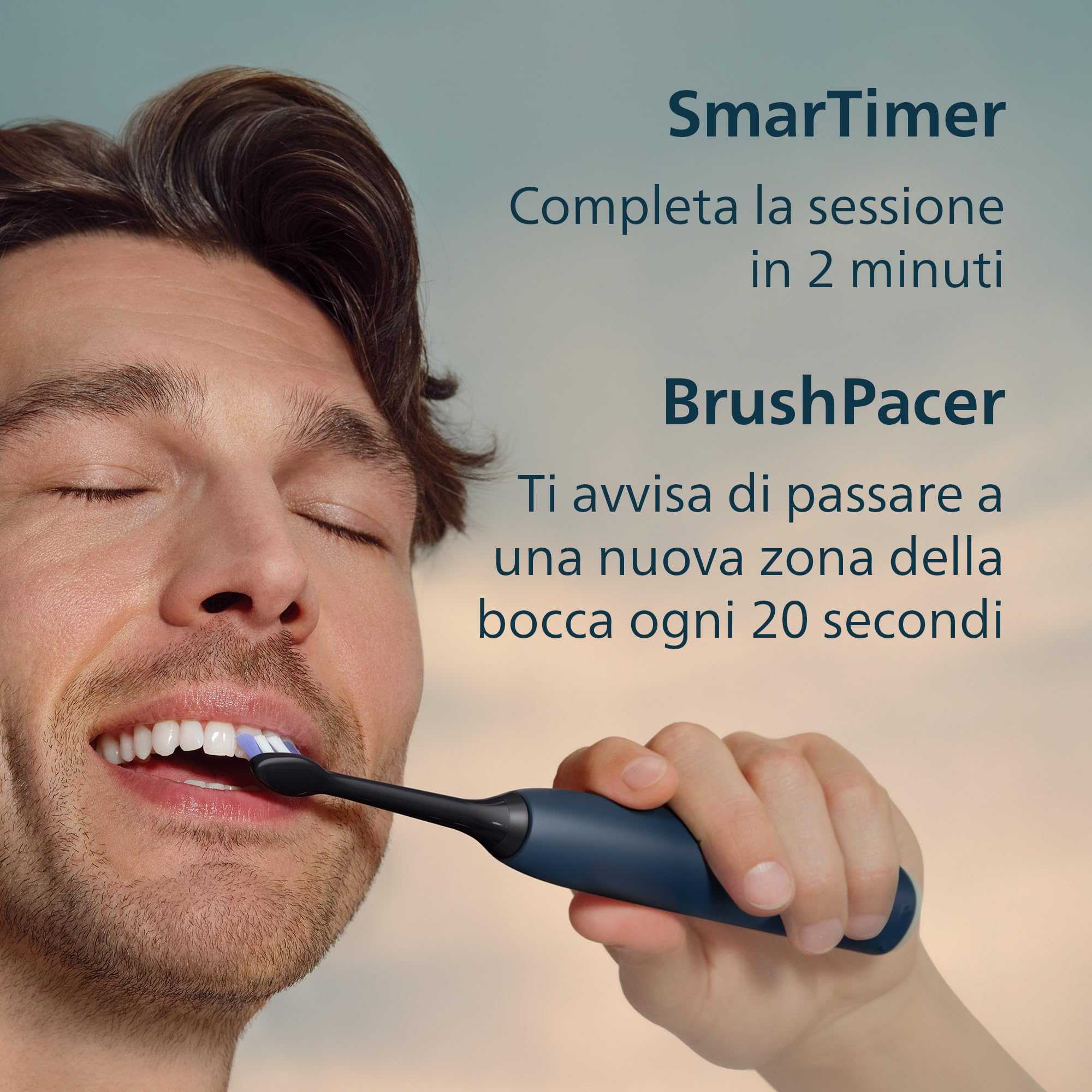 Spazzolino elettrico Philips Sonicare serie 6100 - tecnologia Next Generation Sonicare, sensore di pressione, 6 impostazioni, SmarTimer, BrushPacer, autonomia 21 giorni, custodia, blu navy, HX7403/07