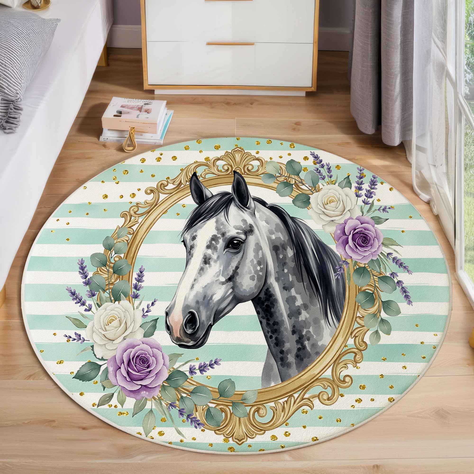Tapis rond aquarelle cheval fleurs élégantes aux finitions soignées et toucher soyeux