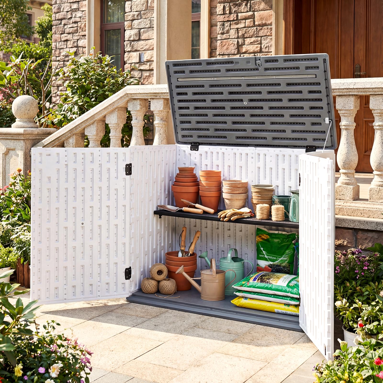 COSTWAY Gartenschrank wetterfest, Geräteschrank mit verstellbarem Regal, abschließbarem Deckel & Türen, Terrassenschrank aus HDPE, Outdoor Aufbewahrungsschrank, 118 x 63 x 94 cm