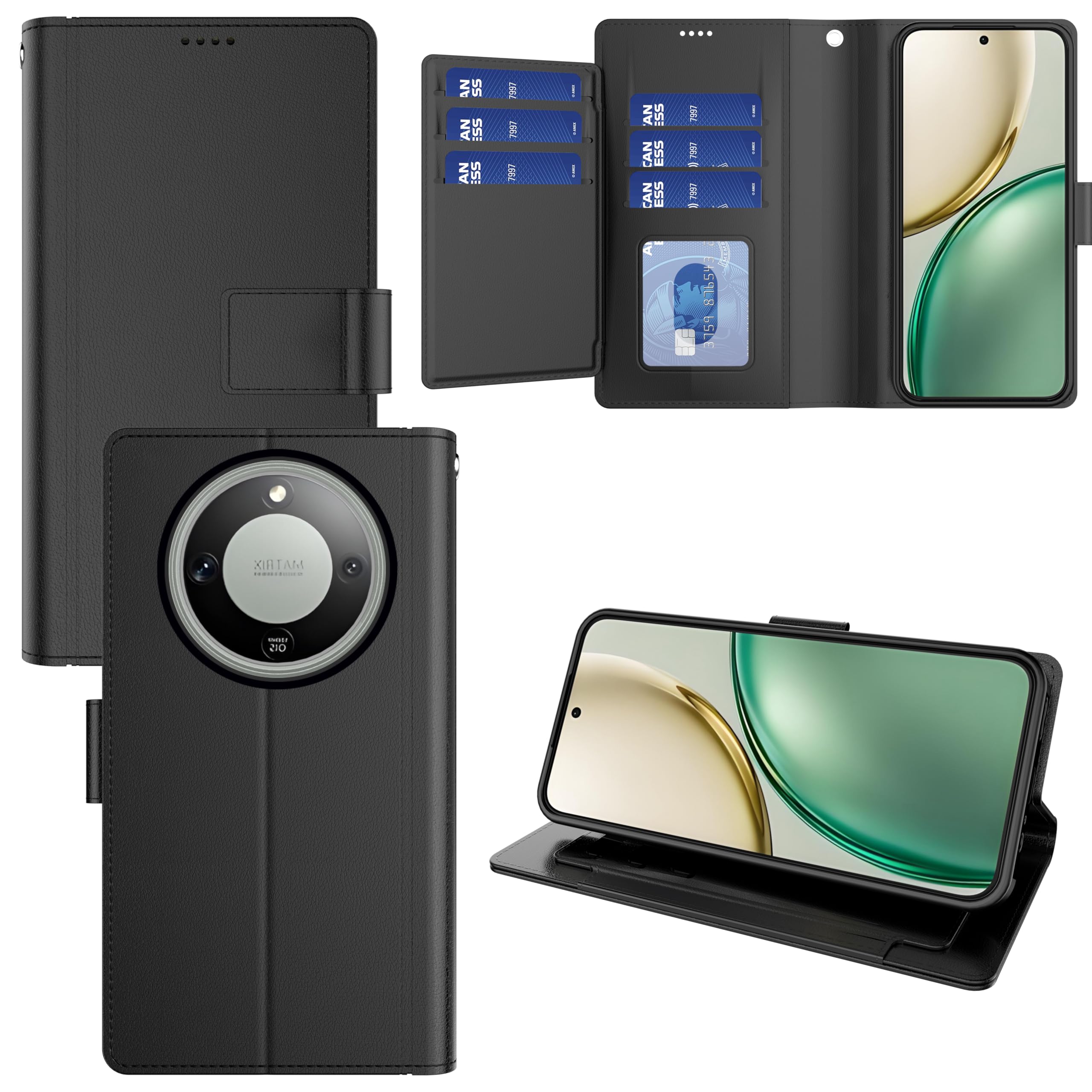 Pollachi Handyhülle für Honor Magic 8 Lite 5G, 9-Karten Portemonnaie-Hülle mit Magnetverschluss, PU Leder Klapphandyhülle mit Standfunktion, Schwarz