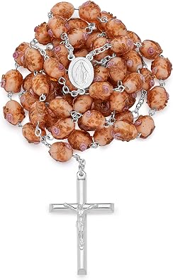 Mondo Cattolico Rosary Beads catholic from Vatican, Vintage Sterling Silver Looked Traditional Rosary of the Miraculous Virgin Mary with decorated relief roses beads in antique pink crystal