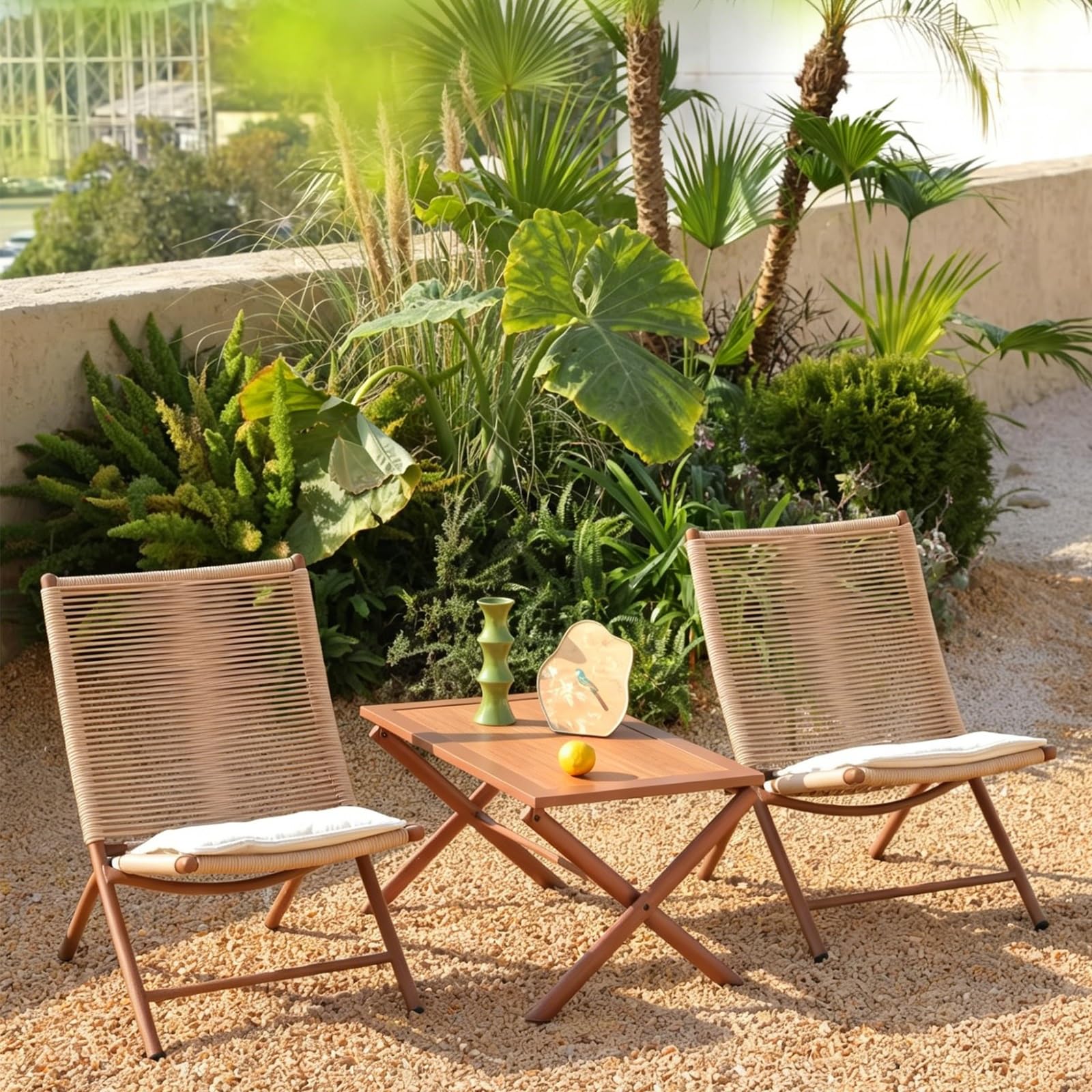 Set da bistrot pieghevole per esterni, sedie in rattan sintetico resistente alle intemperie con cuscini e tavolo effetto legno, mobili da giardino in stile Wabi-Sabi, per cortile, balcone e veranda