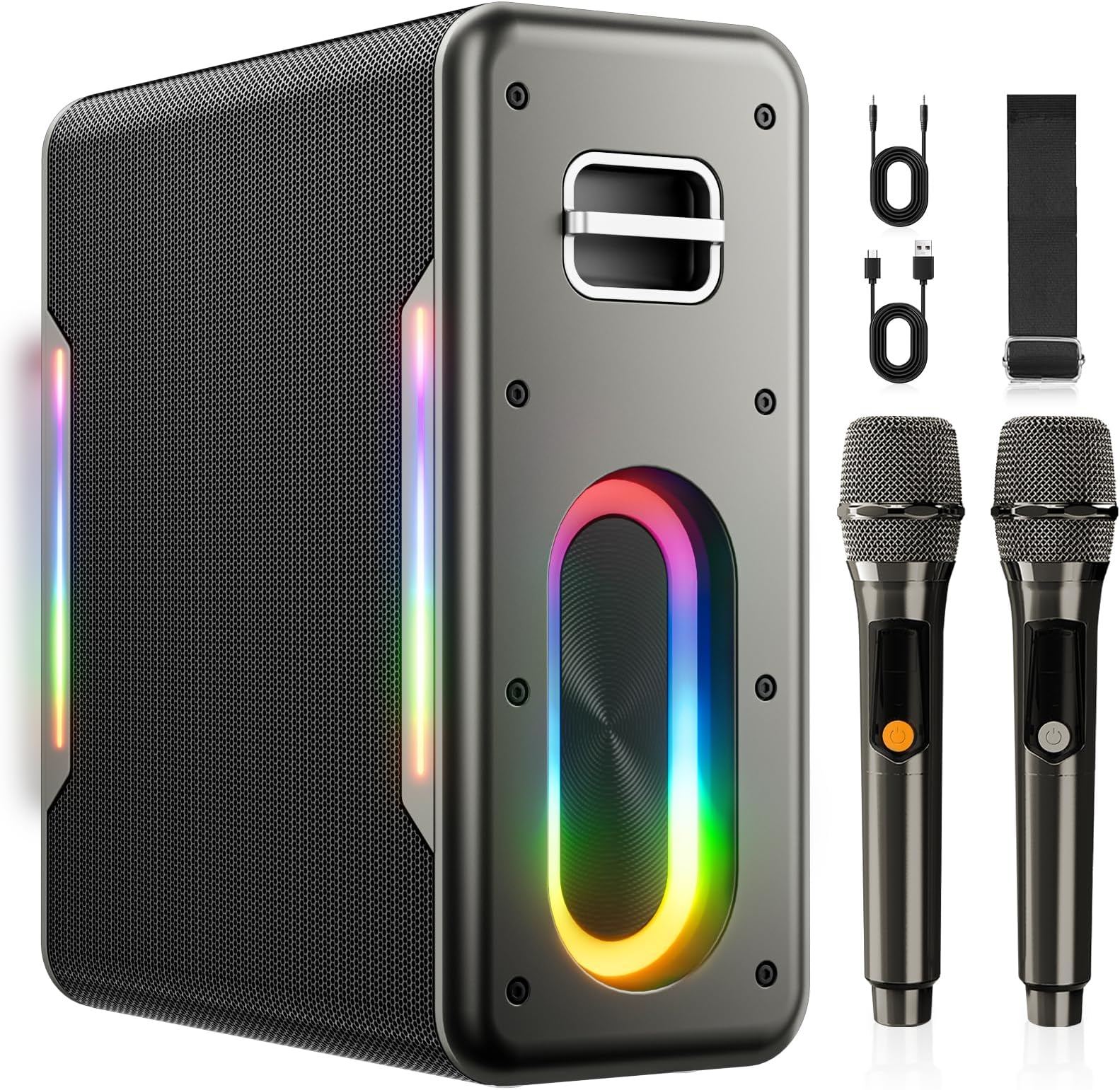 Karaoke Machine with 2 Wireless Microphones Portable Bluetooth Karaoke Machine for Adults Kids DSP Chip Karaoke Speaker with LED Lights Supports TWS TF Card USB AUX in