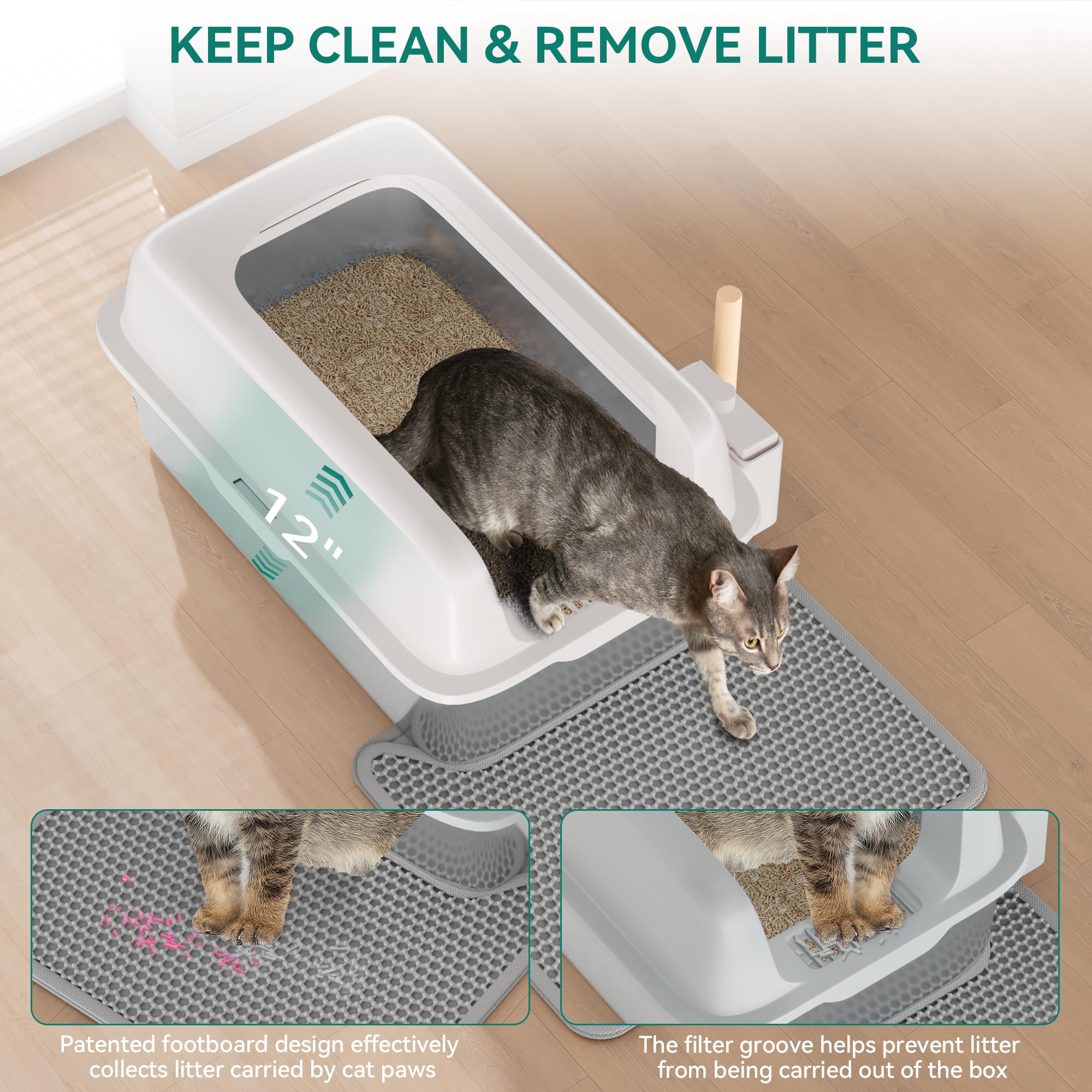 YITAHOME Edelstahl Katzenklo 30L XXL Extra Groß Katzentoilette- rutschfeste Hochwand | Anti-Streu-Fußmatte | Leicht zu Reinigende Antihaft-Oberfläche | 60x40x30cm (Grau)