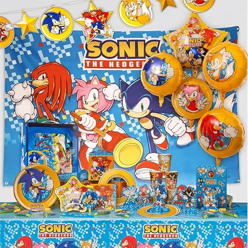 Kit de Fiesta de Cumpleaños de Sonic The Hedgehog - Suministros Completos para 10, Decoraciones Temáticas de Videojuegos, Pancarta con Licencia,