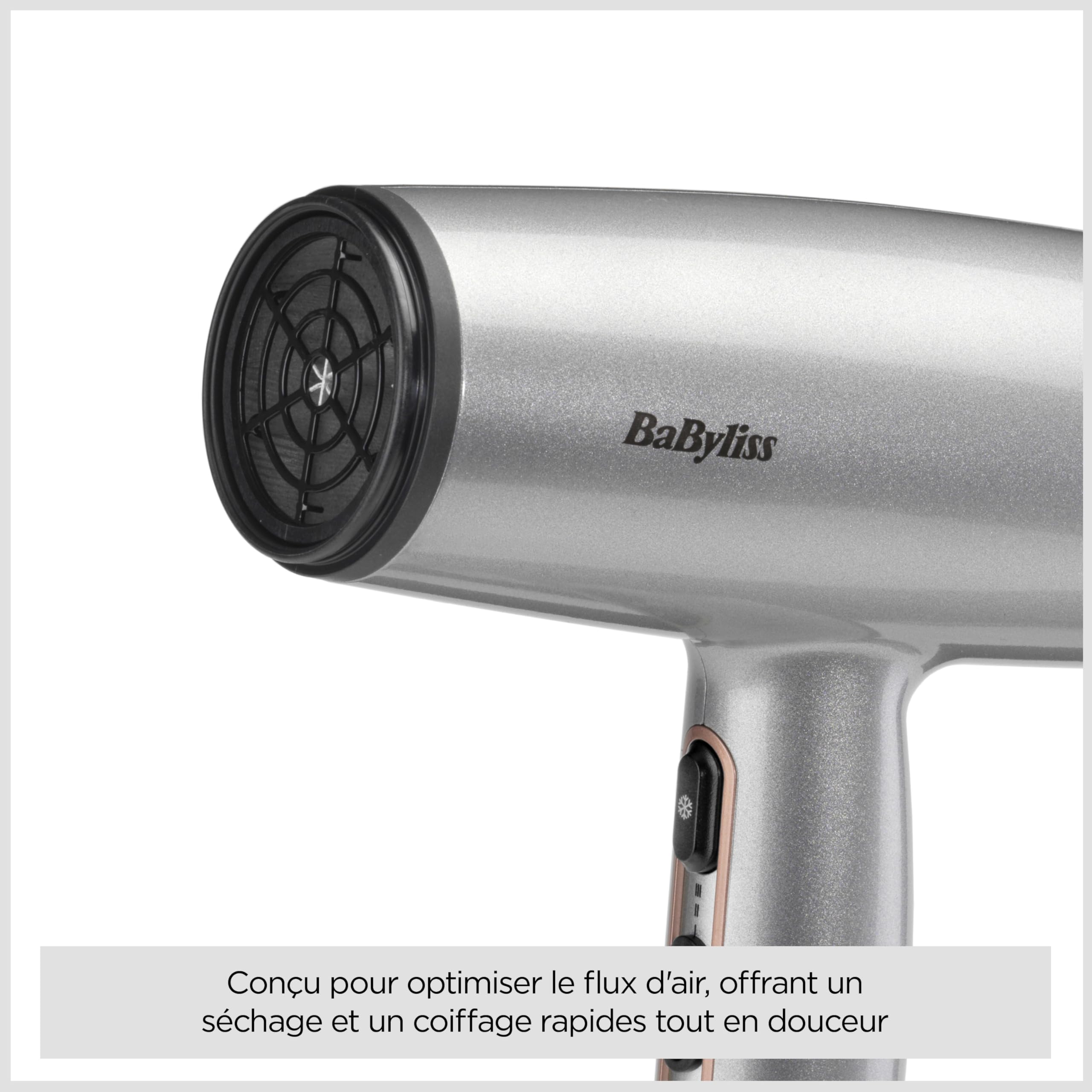 BaByliss Sèche-Cheveux Cosmos avec Diffuseur, Léger – NOUVEAUTÉ 2025, Sèche-cheveux puissant et élégant de 2100W, Technologie ionique anti-frisottis, 3 températures & 2 vitesses, Argenté, D580DE