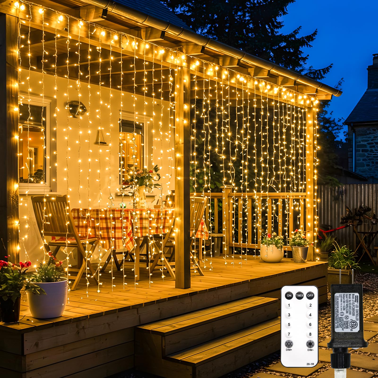 suddus Rideaux lumineux de Noël à 600 DEL pour extérieur, 3 x 6 m, à brancher avec télécommande, lampes murales pour Noël, dortoir, mur, fenêtre, mariage, fête, décoration d'anniversaire, blanc chaud
