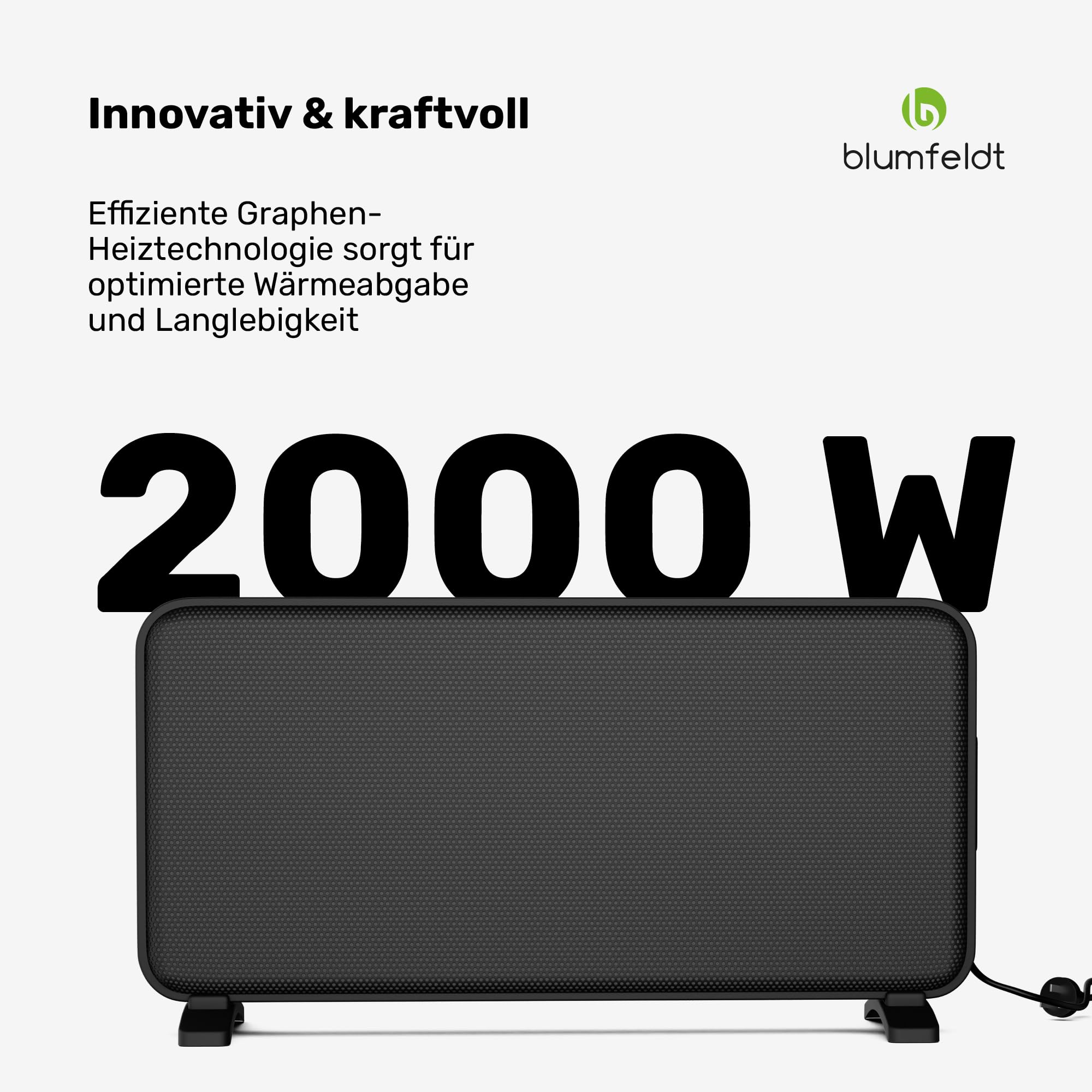 Blumfeldt Infrarotheizung 2000 W – Wandmontage & Standgerät, Graphen-Heizelement, App & Touch-Steuerung, Thermostat, IP24, Überhitzungs- & Umkippschutz, für Räume bis 20 m², Schwarz