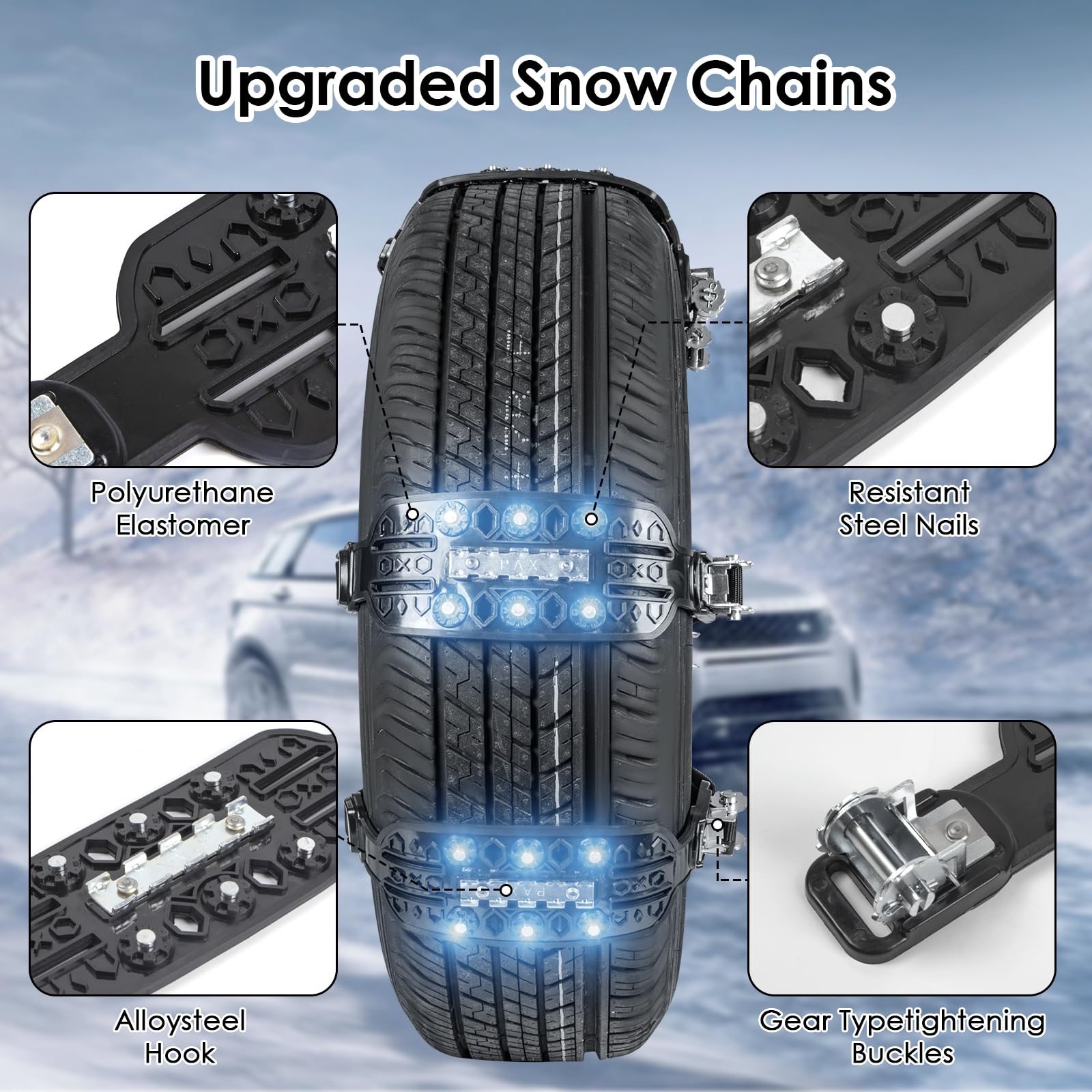 Catene da Neve Antiscivolo 6 PCS con Un Raschietto per Ghiaccio per Tutti i Veicoli Materiale ad Alta Prestazione Inserti Metallici Installazione Facile e Veloce 165mm-275mm