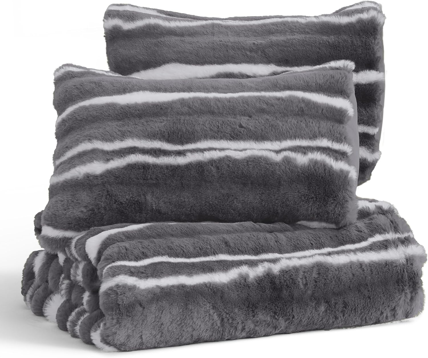 Wonderful 3 Pieces Fluffy Faux Rabbit Fur Comforter Set King Size, Dark Gray Plush Fuzzy Bedding Set, Animal Stripes Design Warm Soft Comforter Bedding Set for All Season,104"x94" - Image 5