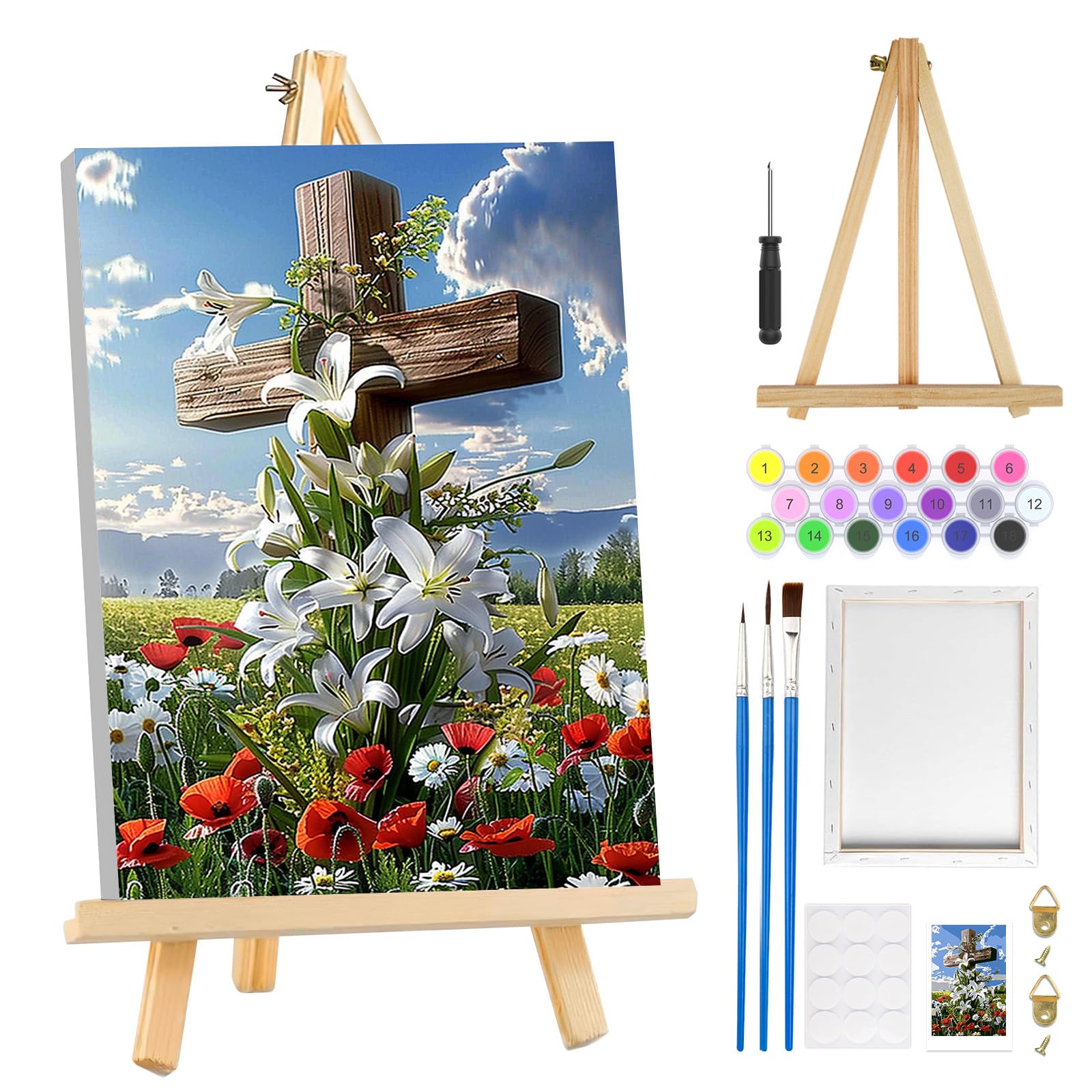MOGTAA Easter Paint by Numbers for Adults Beginners with Frame, Cross with Flowers Painting by Numbers for Adults with Easel, Easy DIY Oil Painting Kits Art Crafts for Home Decor, 8x12in