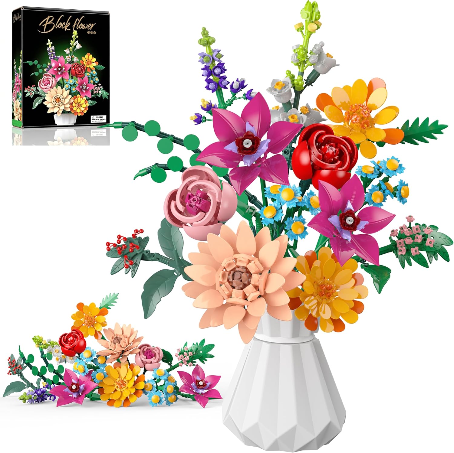 Flowers Bouquet Building Set, 887 Pcs with Flower Artificial Roses for Home Office Decoration, Gift for Mother's Day, Valentine's Day and Kids 6+/Adults Birthday