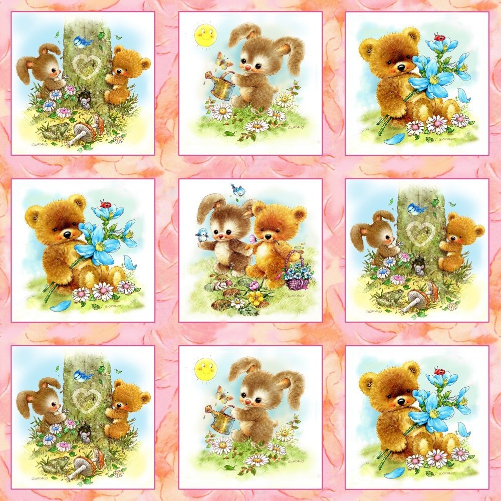 Best Friends Animals Pink Squares Panel Cotton Quilting Fabric -60cm x 110cm-SPX