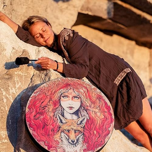 Miniatura 2 de Firlar Tambor de chamán, tambor de chamán de belleza y lobo de 10 pulgadas, tambor de chamán hecho a mano con bastón, tambor de chamán vegetariano