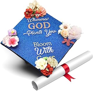 GRADWYSE Once Upon A Time Handmade Graduation Cap Topper Gift For Her Graduation Gift Graduation Cap Decorations, Wherever God Plants You Bloom With Grace (Blue)