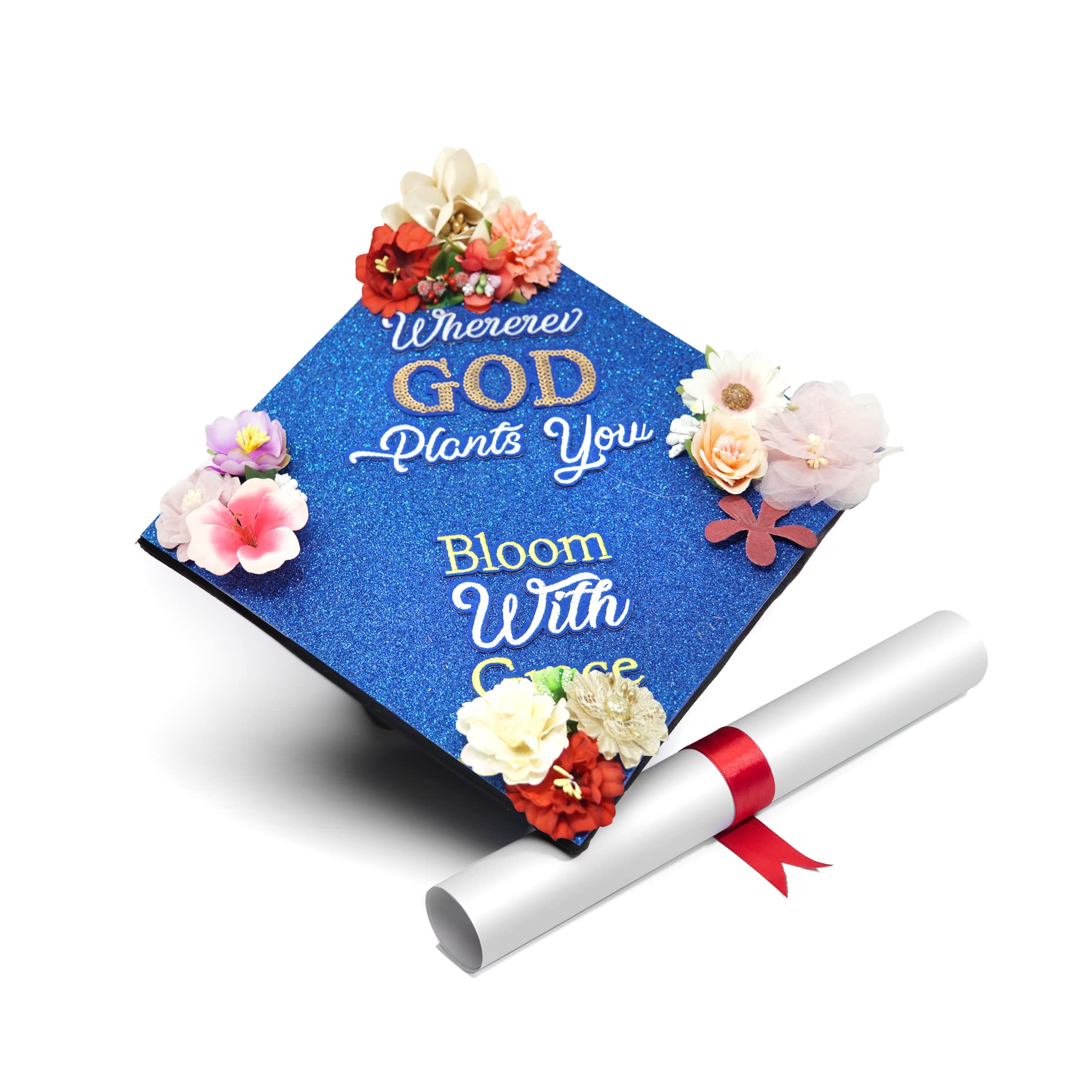 Once Upon A Time Handmade Graduation Cap Topper Gift For Her Graduation Gift Graduation Cap Decorations, Wherever God Plants You Bloom With Grace (Blue)