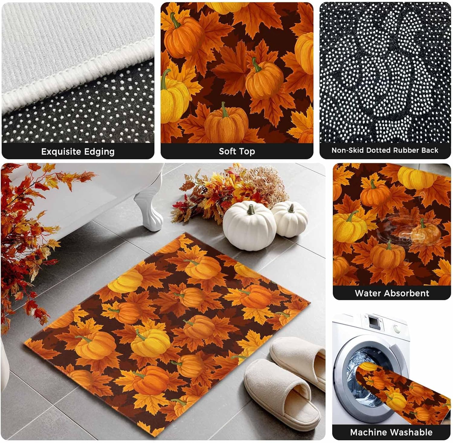 Fall Welcome Mat Thanksgiving Pumpkin Indoor Doormat,Autumn Maple Leaf Floor Door Mat Orange Watercolor Non-Slip Entrance Rugs,Farm Leaves Seamless Water Absorbent Bath Rug for Bedroom 18x30in