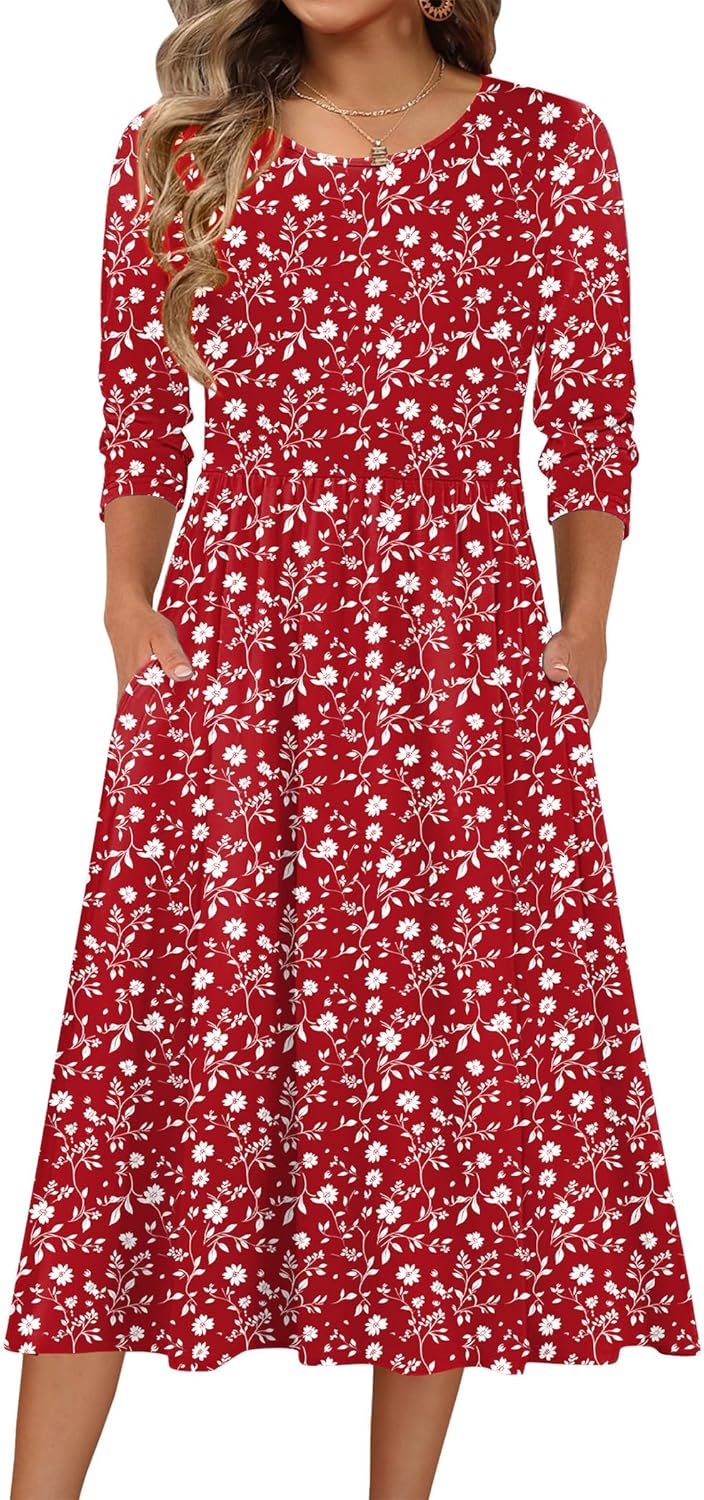 Zeagoo 3/4 Sleeve Women's Dress Casual Flowy A-Line Midi Tshirt Dresses with Pockets Crewneck Vocation Boho Beach Sundress