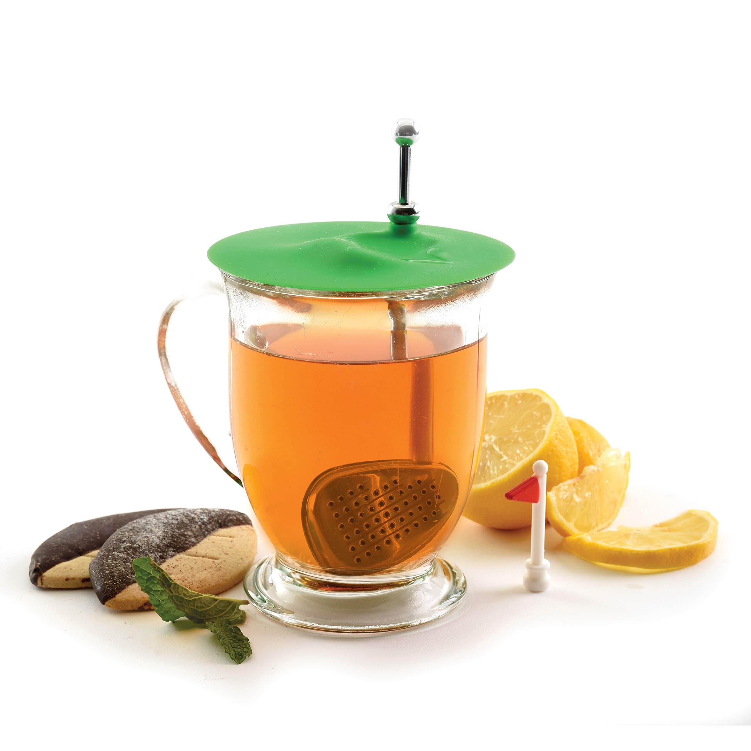 Norpro NP5653 5653 Tee Time - Infusor de té de acero inoxidable con tapa y atrapapotos, color verde