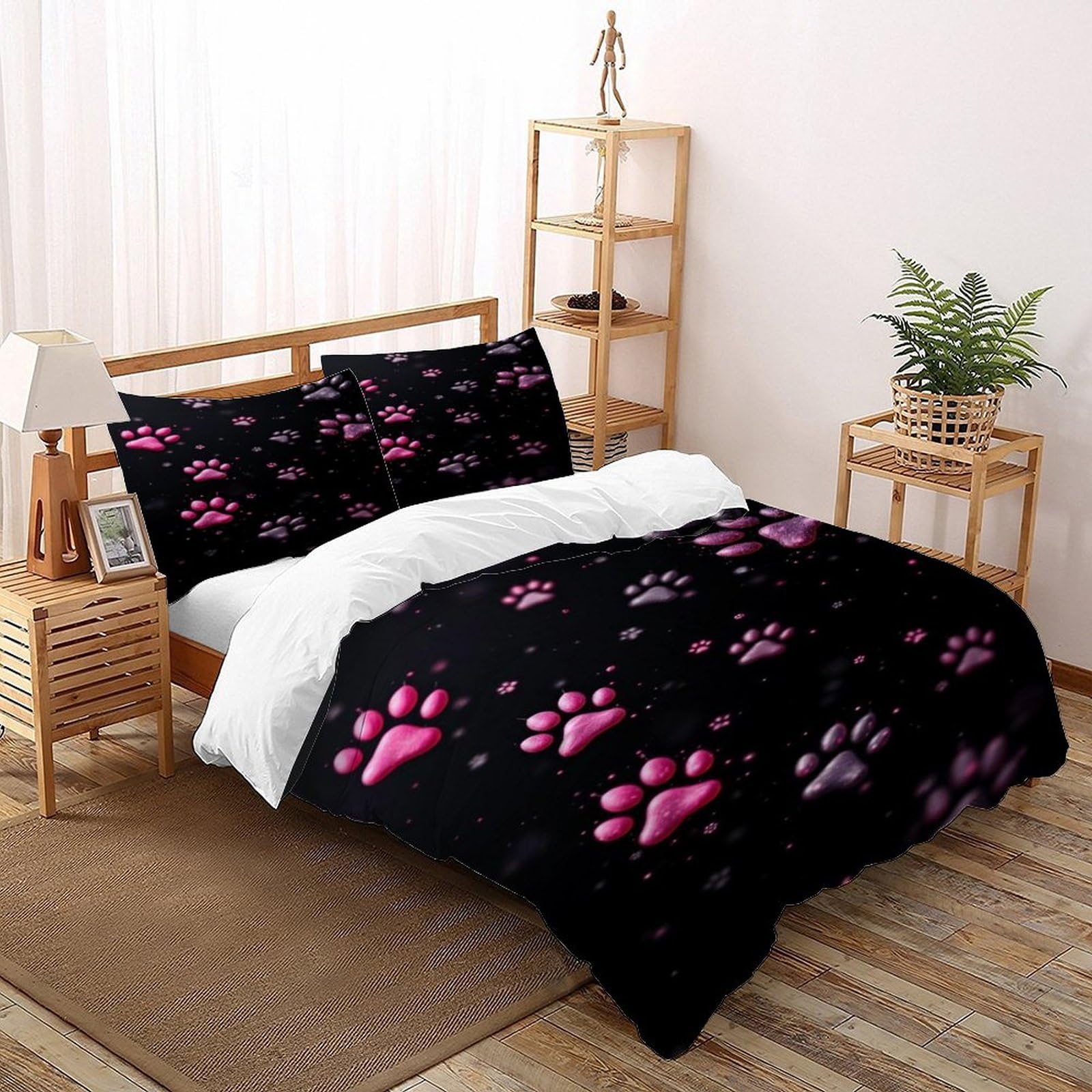 Housse de couette empreintes de pattes rose pour lit double parure 3 pièces 200x200cm