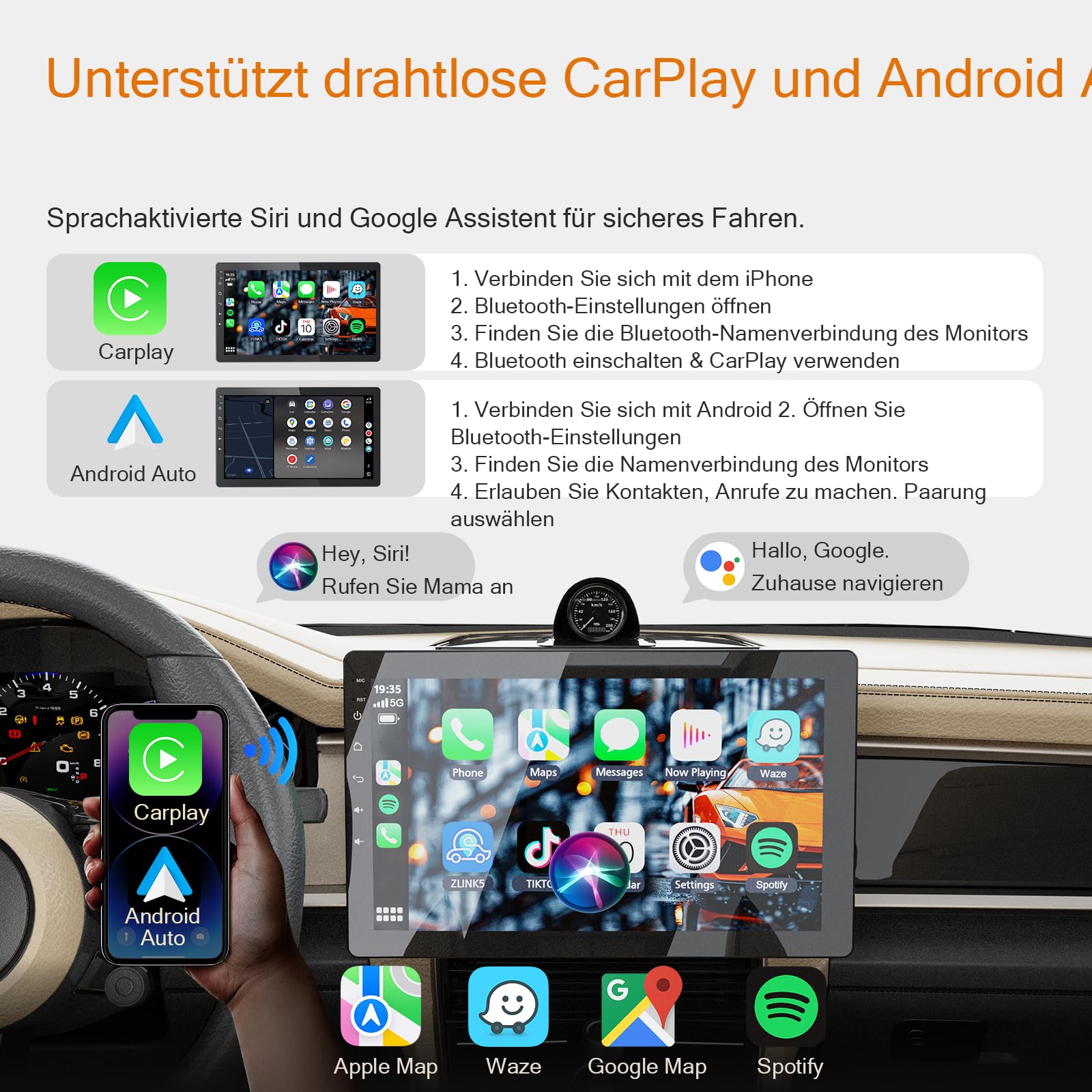 Haudio 1Din Autoradio, mit 10 Zoll 360° drehbar Bildschirm,Kompatibel mit Wireless Apple CarPlay und Android Auto,Car Play IPS Touch Screen,1080P-Rückfahrkamera,Bluetooth 5.0,GPS-Navigation,FM/AM/RDS