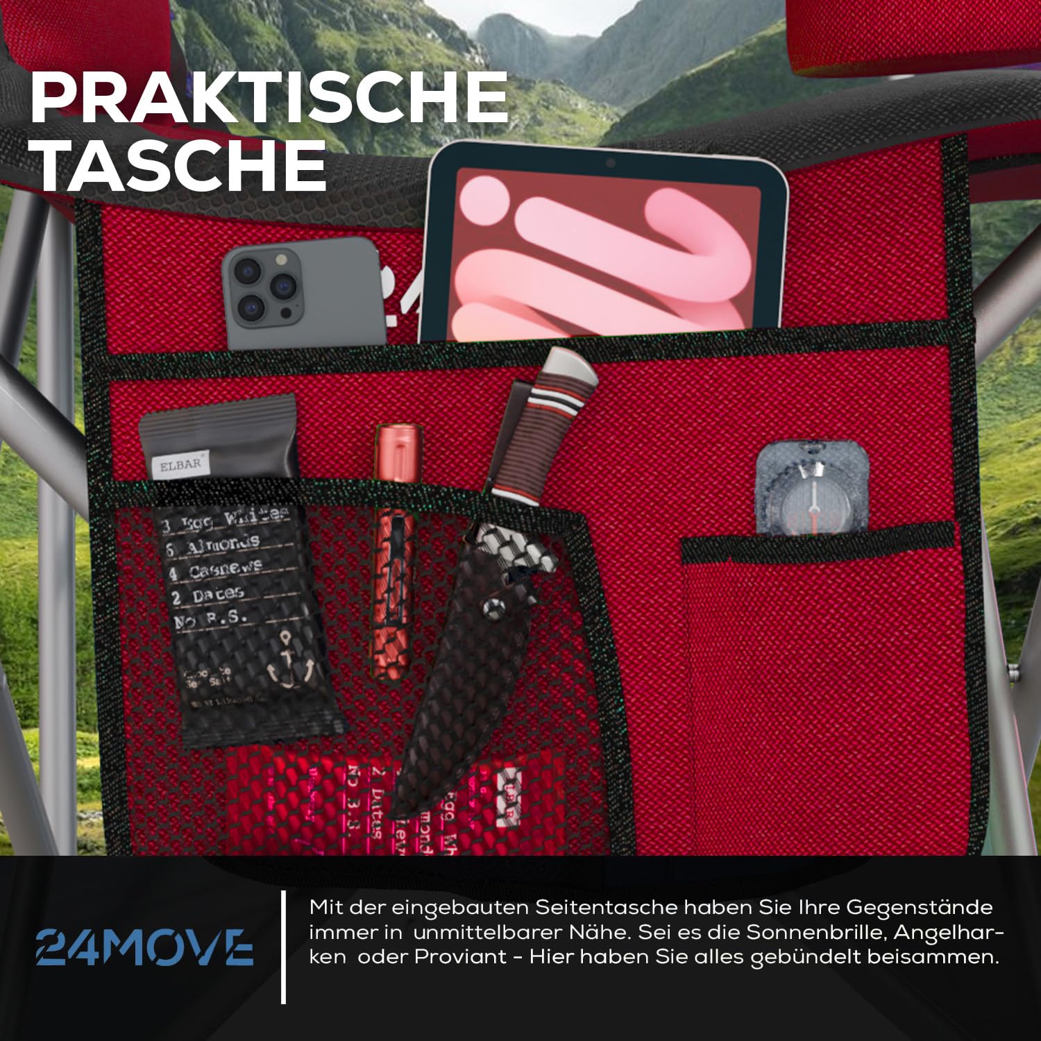 24MOVE® Campingstuhl faltbar bis 150 kg, Faltstuhl Angelstuhl Klappstuhl Gepolstert mit Armlehnen, Getränkehalter + Tasche mit hoher Rückenlehne, Strandstuhl, Klapphocker, rot