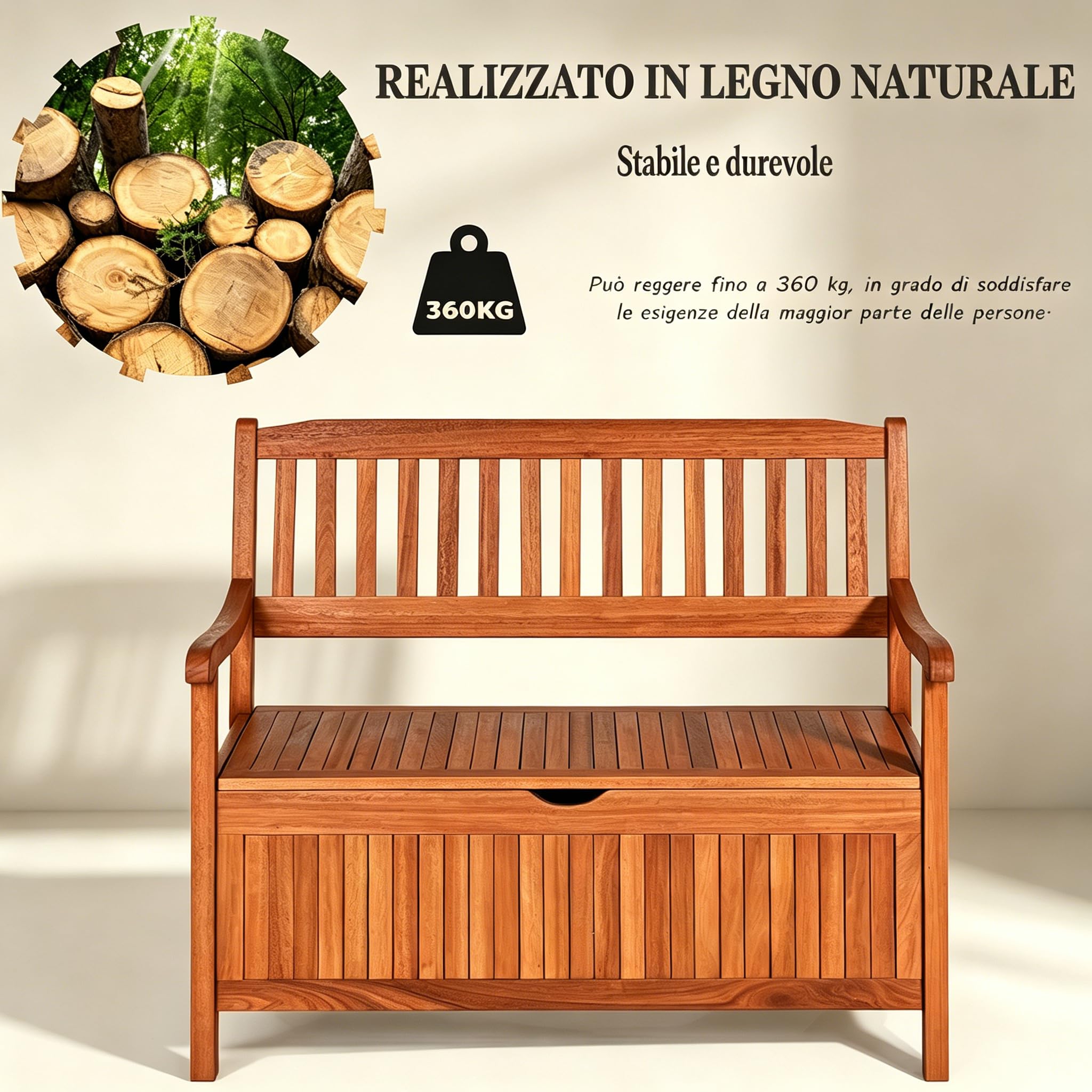 RELAX4LIFE Panchina da Esterno 2 Posti, Panca Contenitore in Legno di Acacia con Cassapanca, Schienale e Braccioli, Strato Interno Impermeabile, Max 360KG per Interno/Giardino (Arancione, 107×59×90cm)