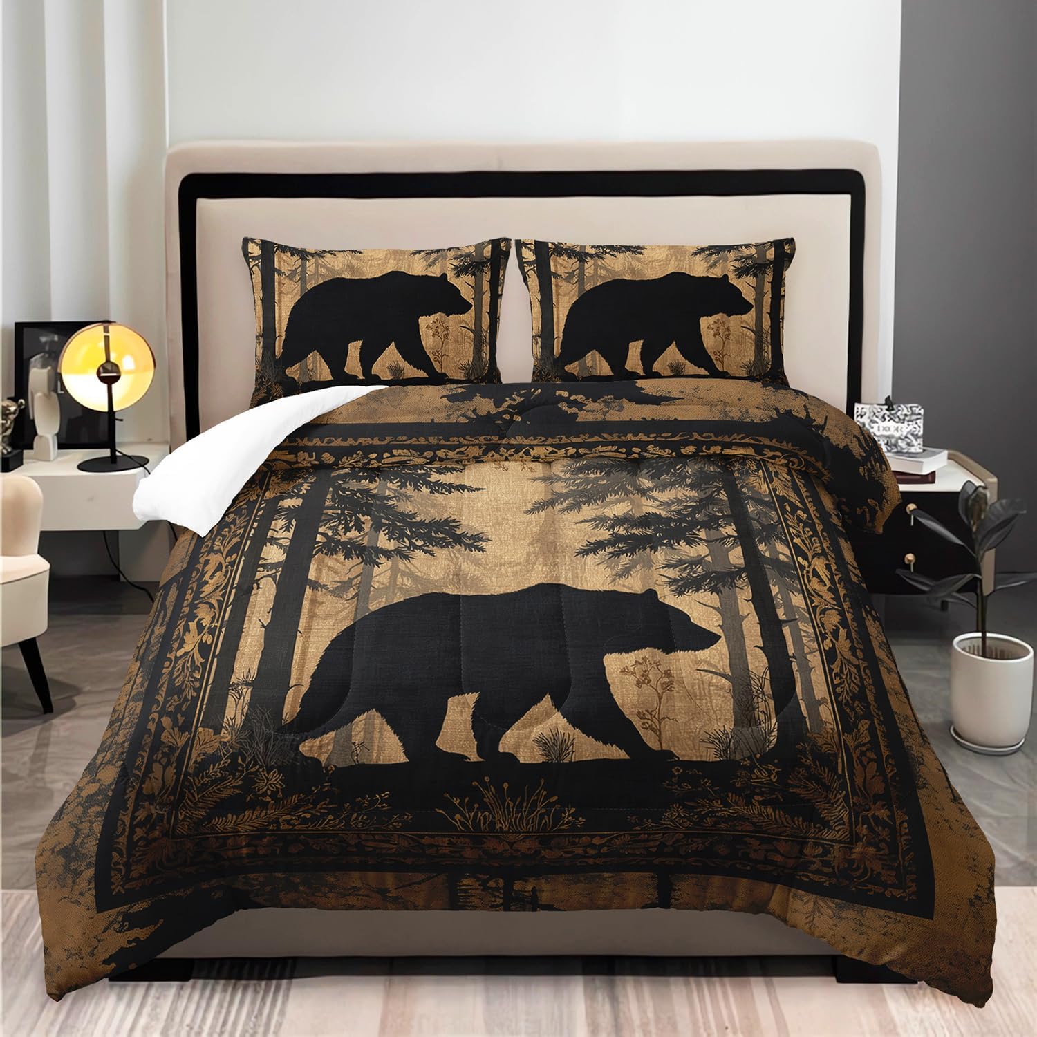 Black Bears Hunting Animal Comforter 3Pcs Queen Wildlife Bear Forest Pine Tree Bedding Set for Kid Teen Boy Girl Adult Retro Rustic Bear Plant Quilt Bed Decor with 1 Comforter & 2 Pillowcases