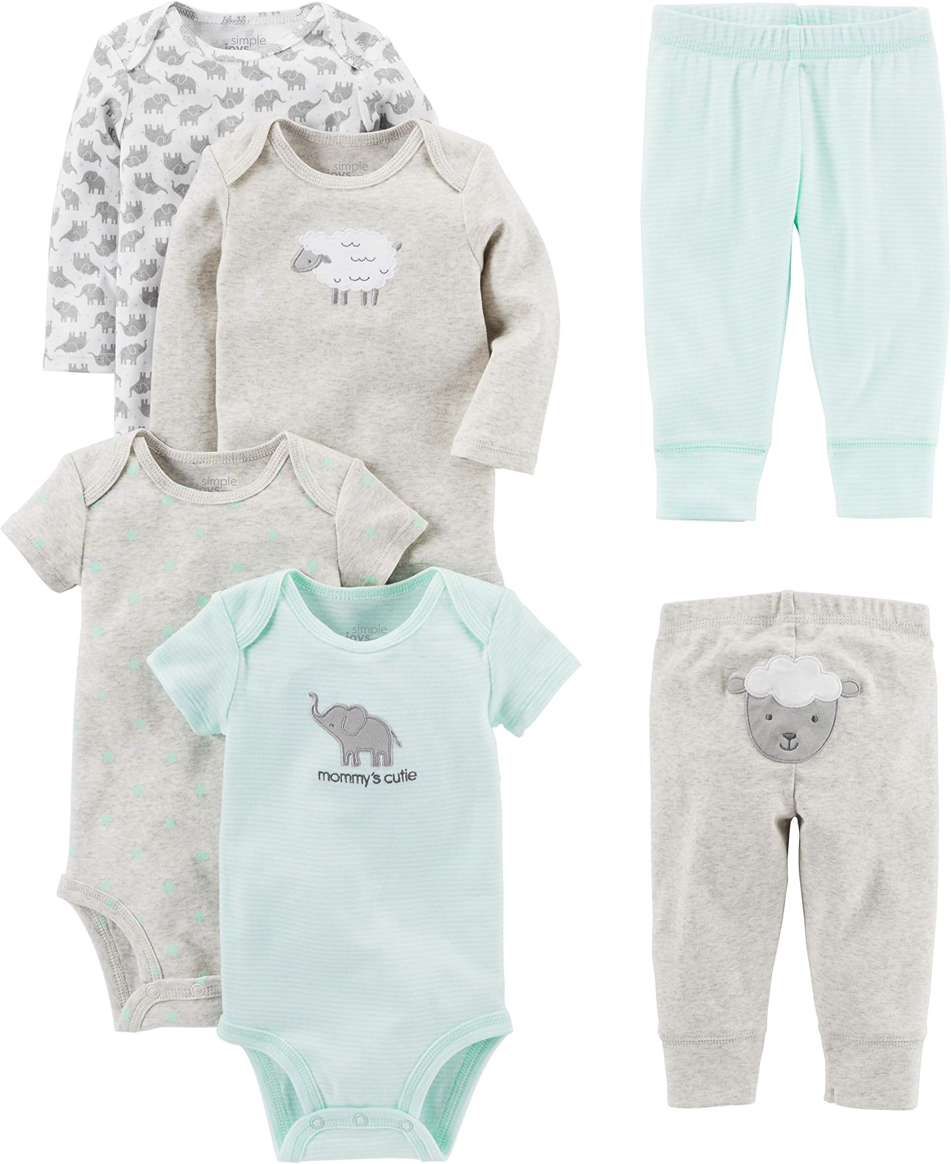 Unisex Baby 6-piece Neutral Bodysuits (Short and Long Sleeve) and Pants Set Layette Set (pack of 1)