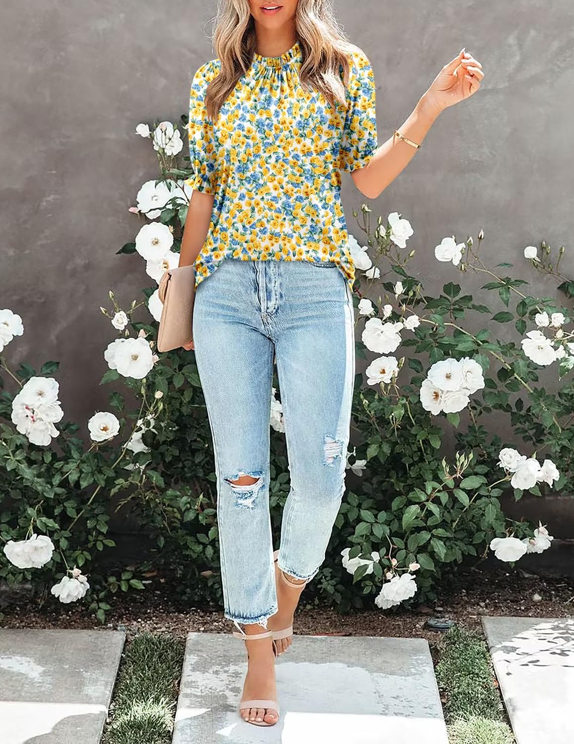 CHICZONE Women's Mock Neck Casual Summer Tops Ruffle Short Sleeve Keyhole Back Boho Blouses - Image 5