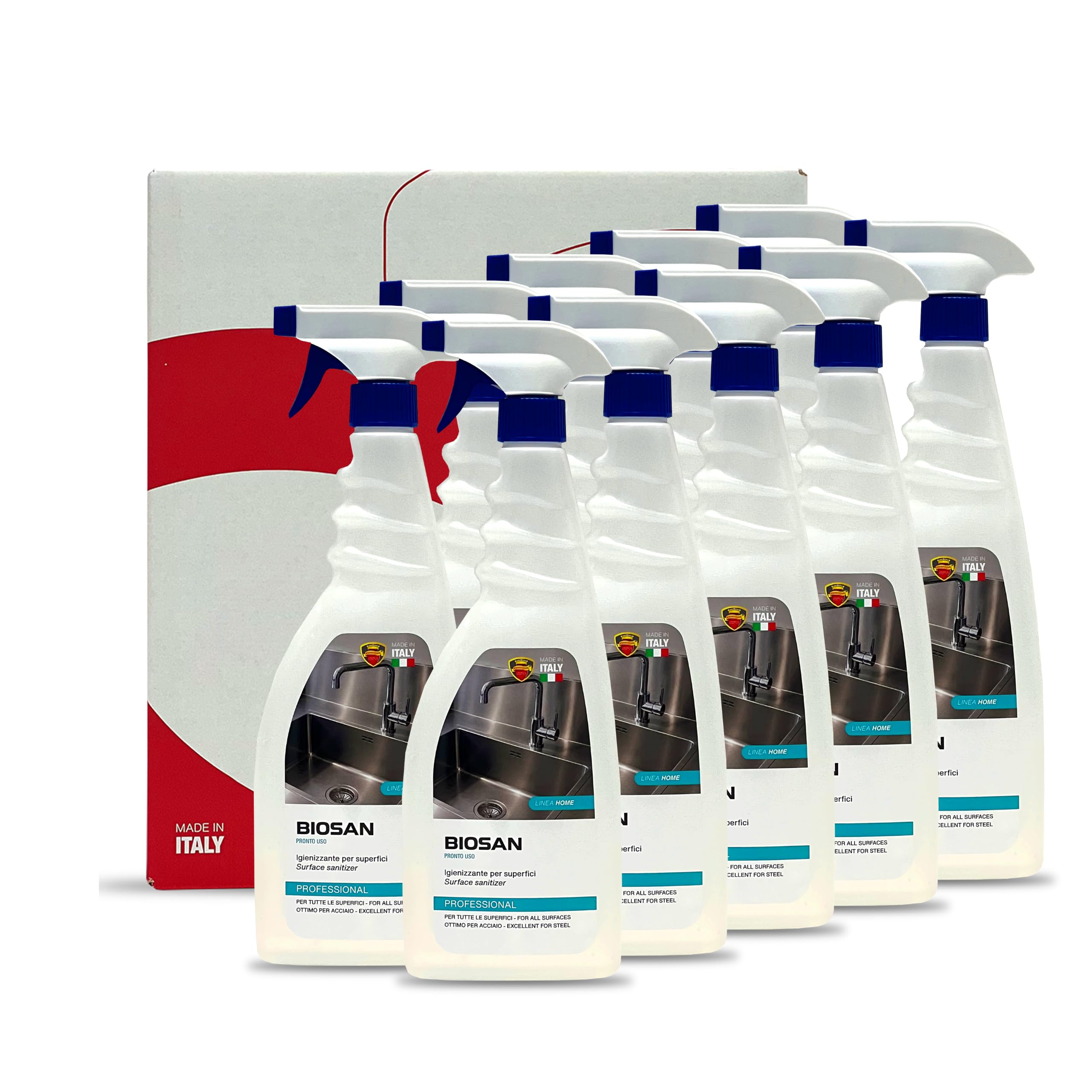 BIOSAN Detergente Igienizzante Concentrato per Superfici – Ideale per Acciaio, Cucina, Bagno e Ambienti – Formula Neutra per Tutte le Superfici Lavabili – 10 x 750Ml Pronto Uso
