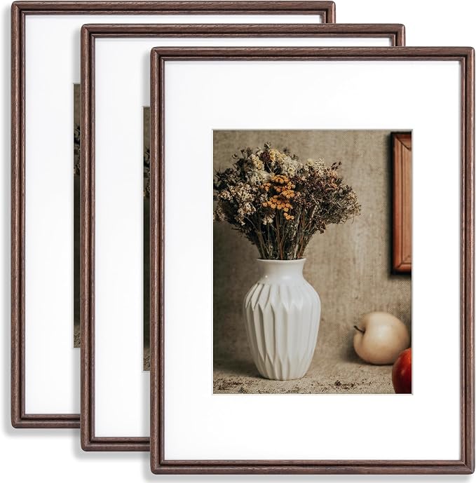 12X16 Picture Frame Set of 3, Natural Solid Walnut Wood Frame with High Tempered Glass, Handcrafted Rounded Corner 12 by 16 Wooden Frame Matted to 8.5X11 Photo for Horizontal or Vertical Wall Mounting