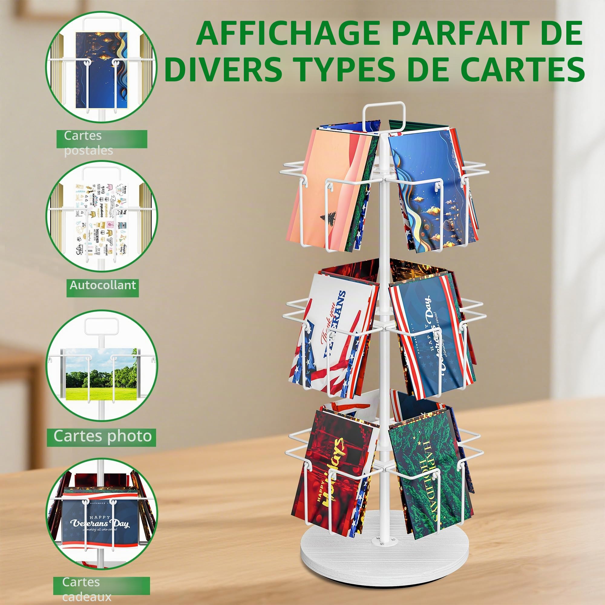 Présentoir rotatif à 3 niveaux avec 12 poches, support de cartes de vœux en métal pour autocollants, cartes photo, brochures, comptoir de cartes postales pour la maison, la vitrine, la vente au détail