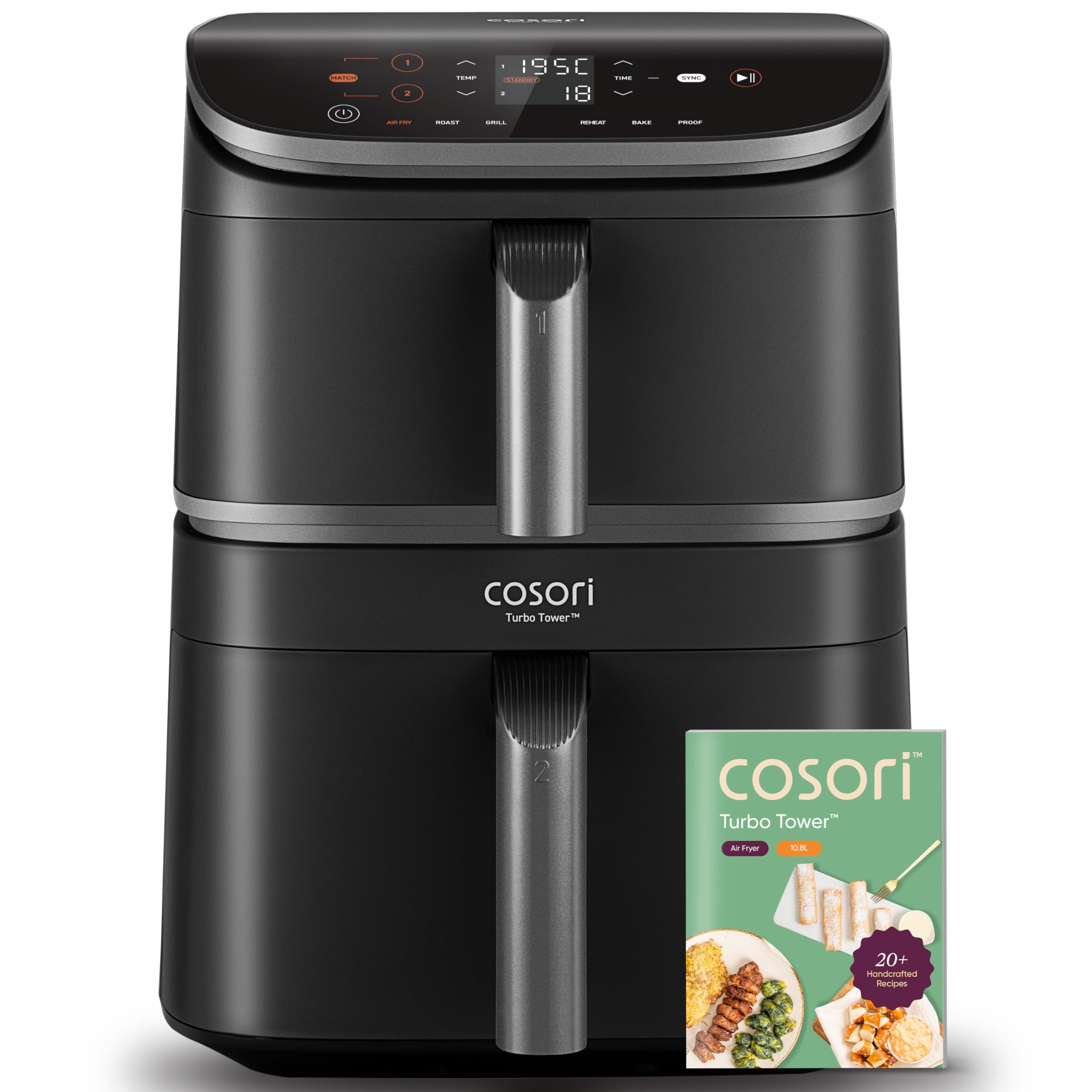 COSORI Turbo Tower Hot Air Fryer with 2 Chambers, 10.8 L Double Stack Airfryer, Saves 41 Percent Kitchen Space, Turbo Air Flow for Crispy Results, Includes Recipe Book and Cooking Grate Light black 10,8 L