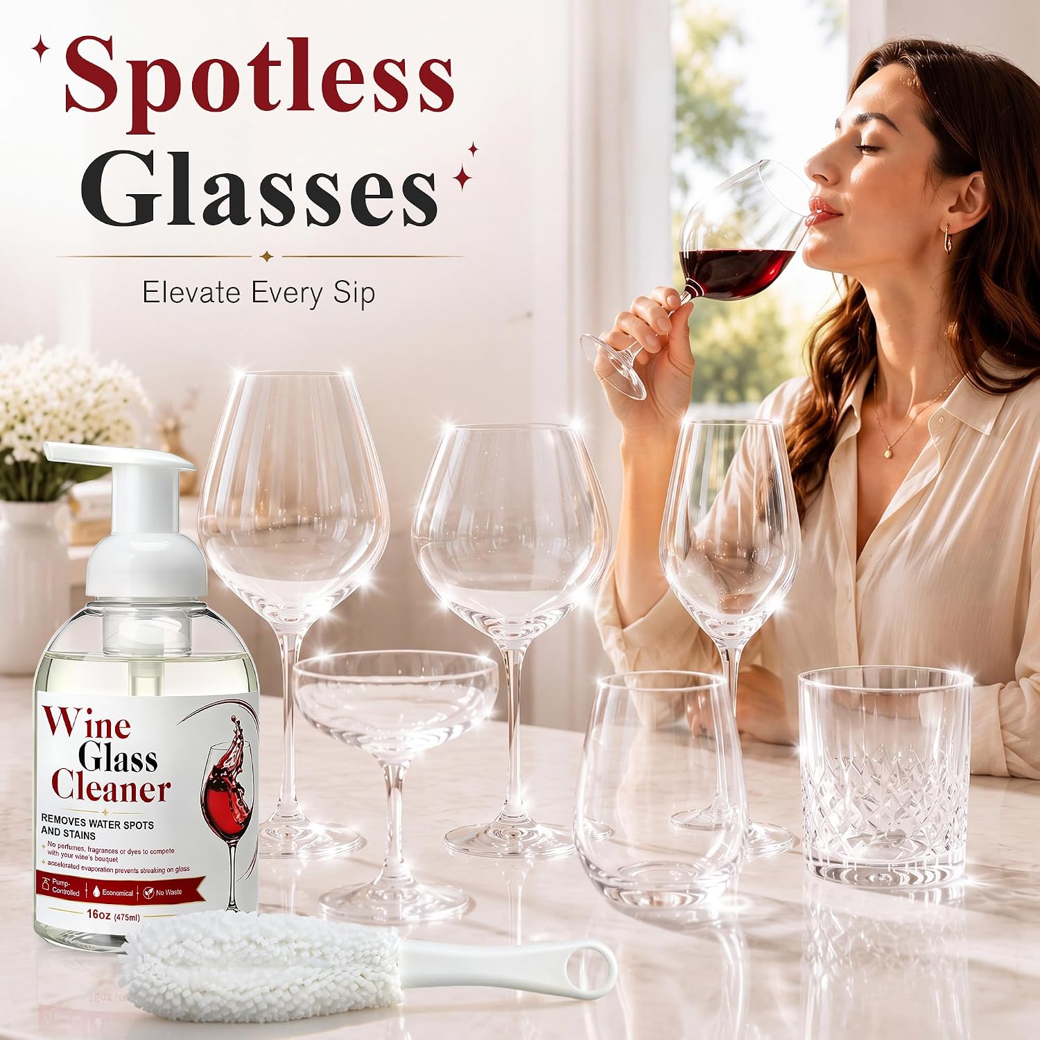 Wine Glass Cleaner Kit 16 oz, Wine Glass Cleaning Foam Solution with Brush