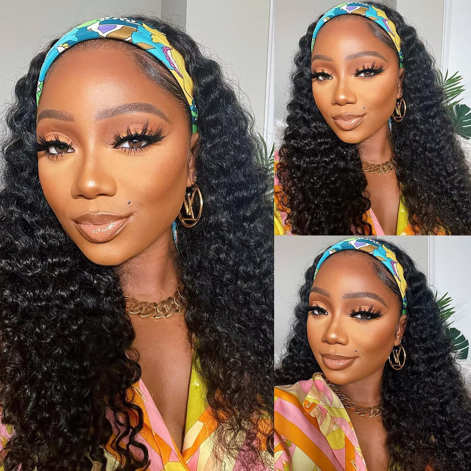 Headband Wig Human Hair 12A Deep Wave Headband Wig 200% Density Glueless None Lace Front Wigs for Women Machine Made Deep Curly Wear and Go Wigs Curly Headband Half Wigs Natural Color 16 Inch