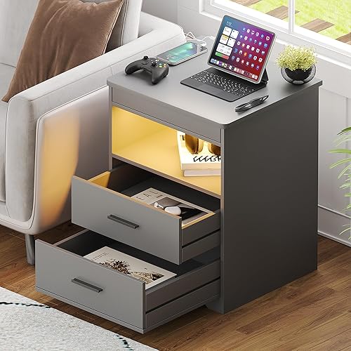 Miniatura 21 de Mesita de noche LED con cajón de pistola con cerradura, mesa auxiliar con estación de carga, mesita de noche con luz LED regulable de 3 colores a