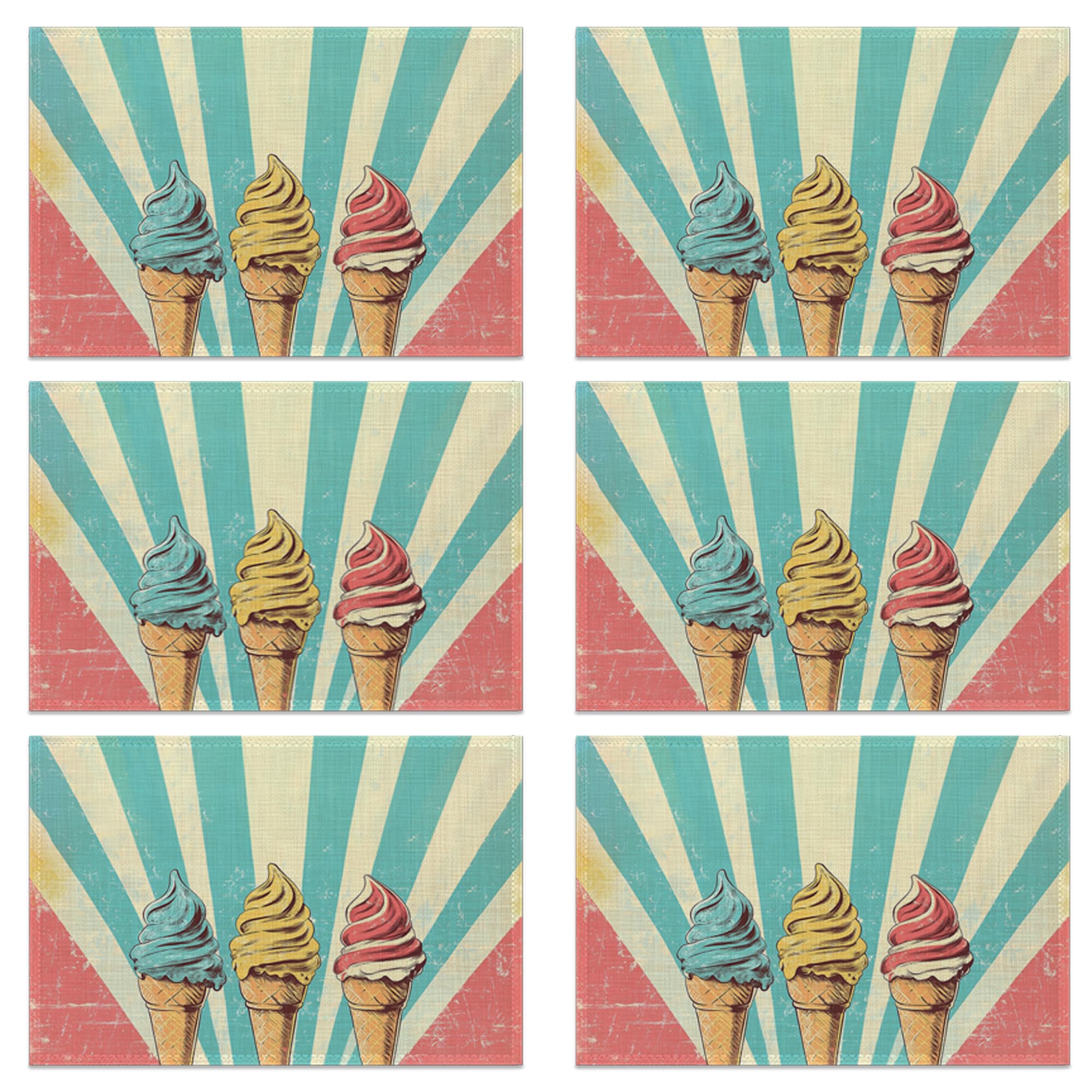 Vintage Ice Cream Table Placemats Set of 6, Linen Placemats 12x18 Inch, Washable Non Slip Heat Resistant Mats for Dining Table Kitchen Indoor Use