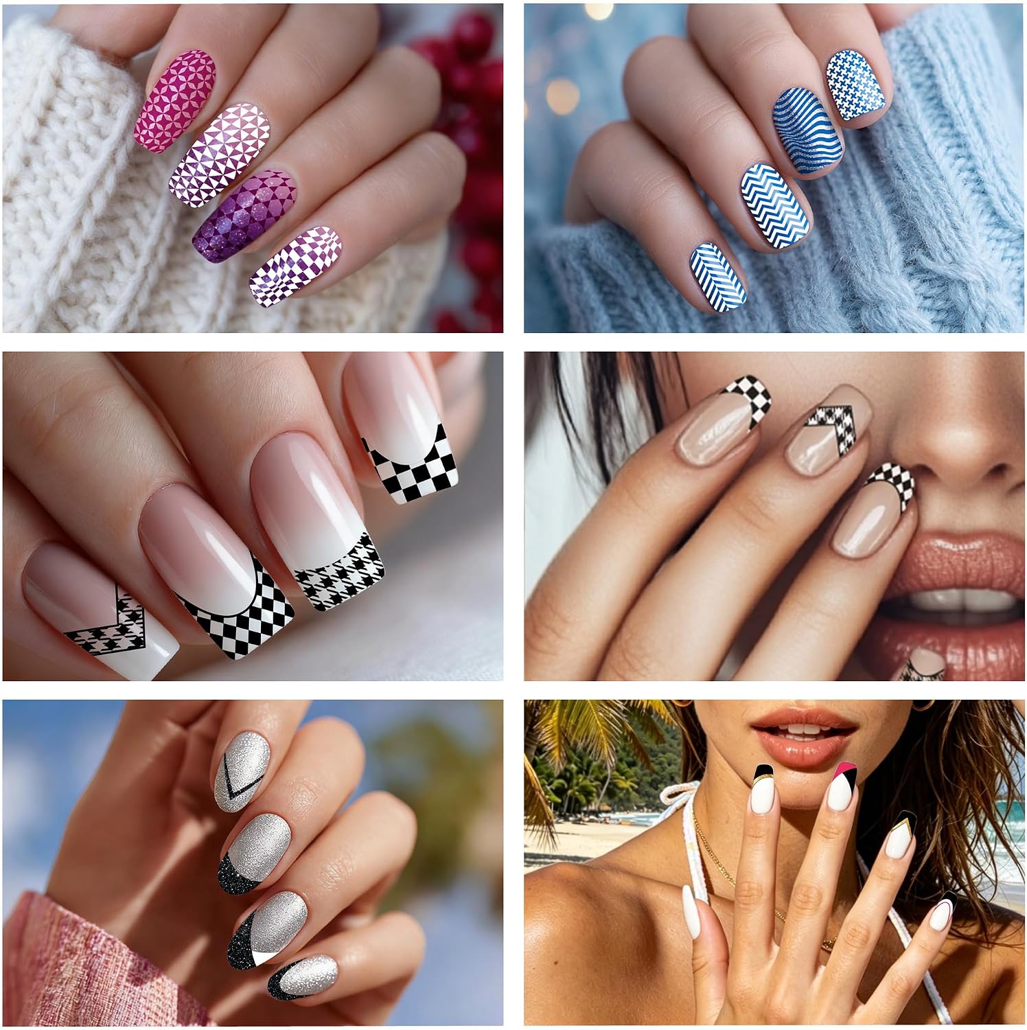 French Tip & Geometric Nail Stamping Plates Set of 3 - Checkerboard, Houndstooth & Grid Backgrounds Chic Modern Nail Art Designs Template for DIY Manicure Nail Art Salon Tools Supply