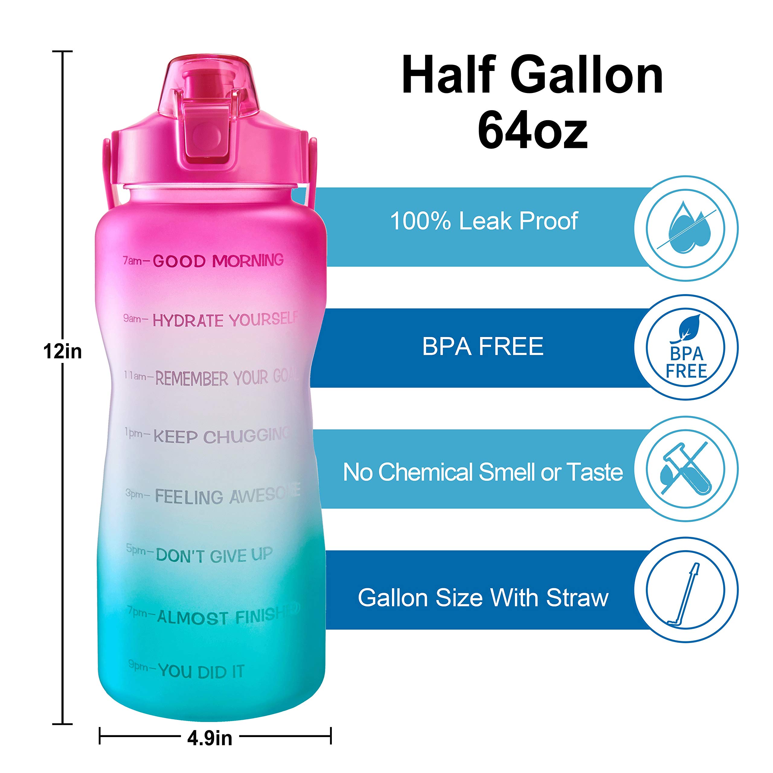 Gourde Bouteille d'eau potable étanche de 1,8 l avec marqueur de temps motivant, sans BPA, pour le fitness, la gym et les sports de plein air (dégradé rose/vert)