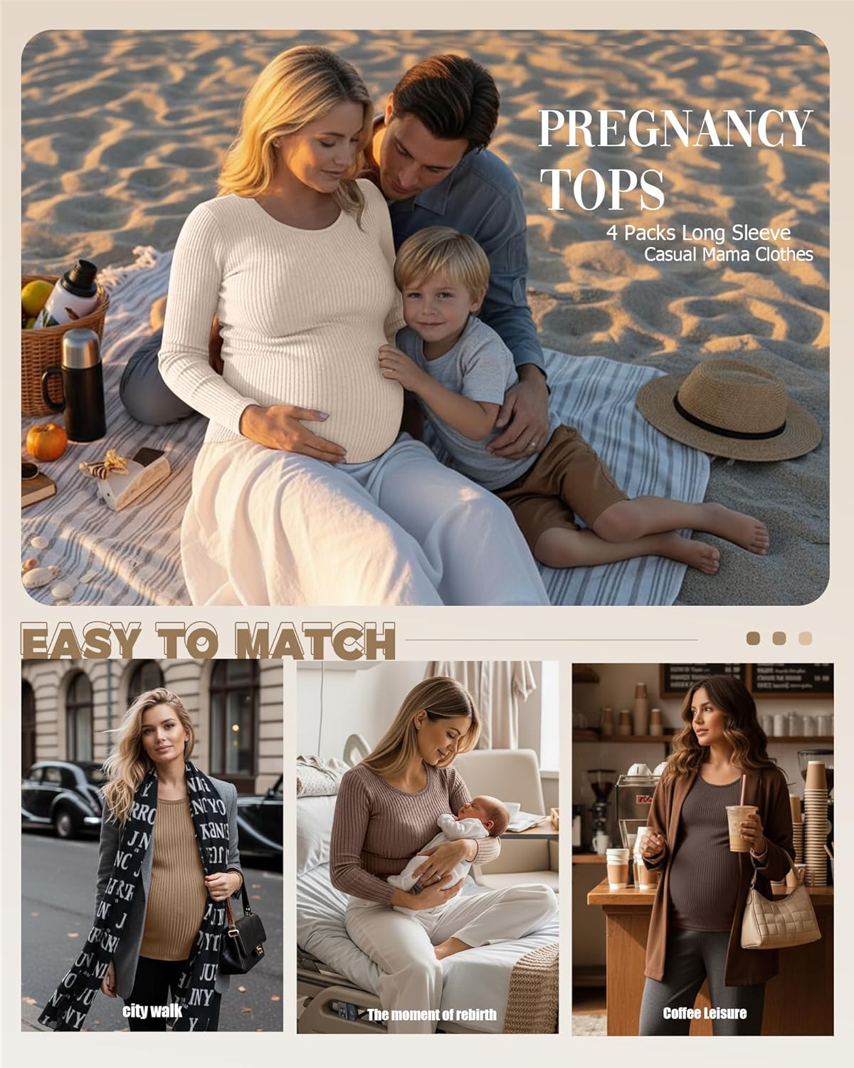 4 Pack Women's Ribbed Maternity Shirts, Scoop Neck Long Sleeve Knit Pregnancy Tops Slim Basic Tee Clothes - Image 5