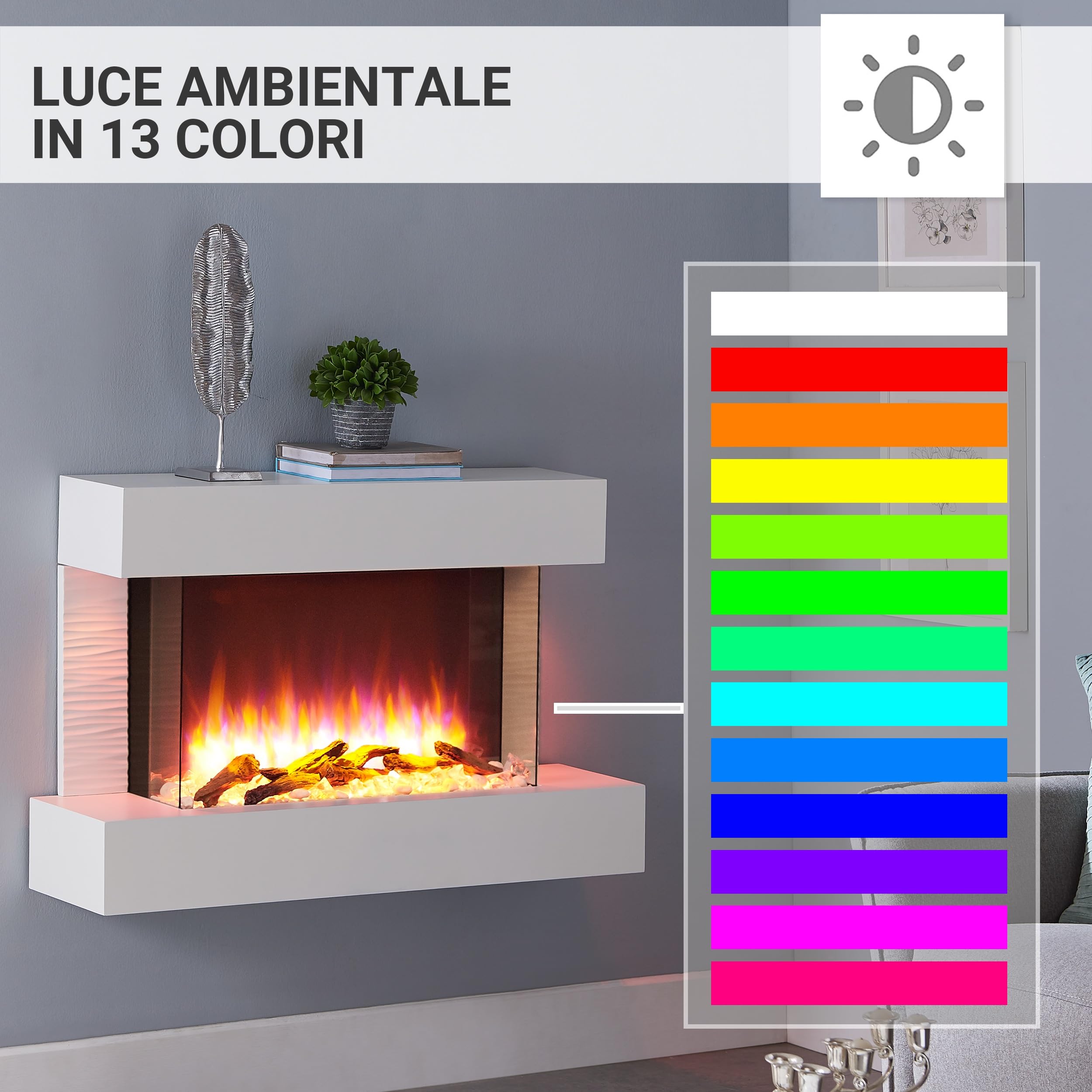 BALDERIA Camino elettrico Aidan, camino elettrico con effetto fiamma 3D, riscaldamento elettrico 2000 W, illuminazione a LED, camino con telecomando, timer, controllo di avviamento e termostato