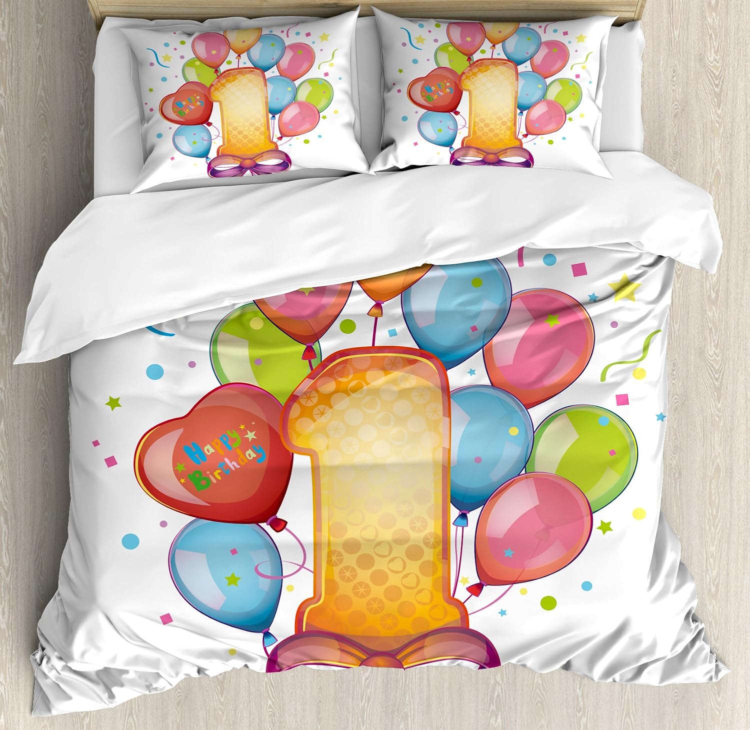 1st Birthday Decorations布団カバーセットby Ambesonne、ビンテージテーマキッズ最初パーティーバルー