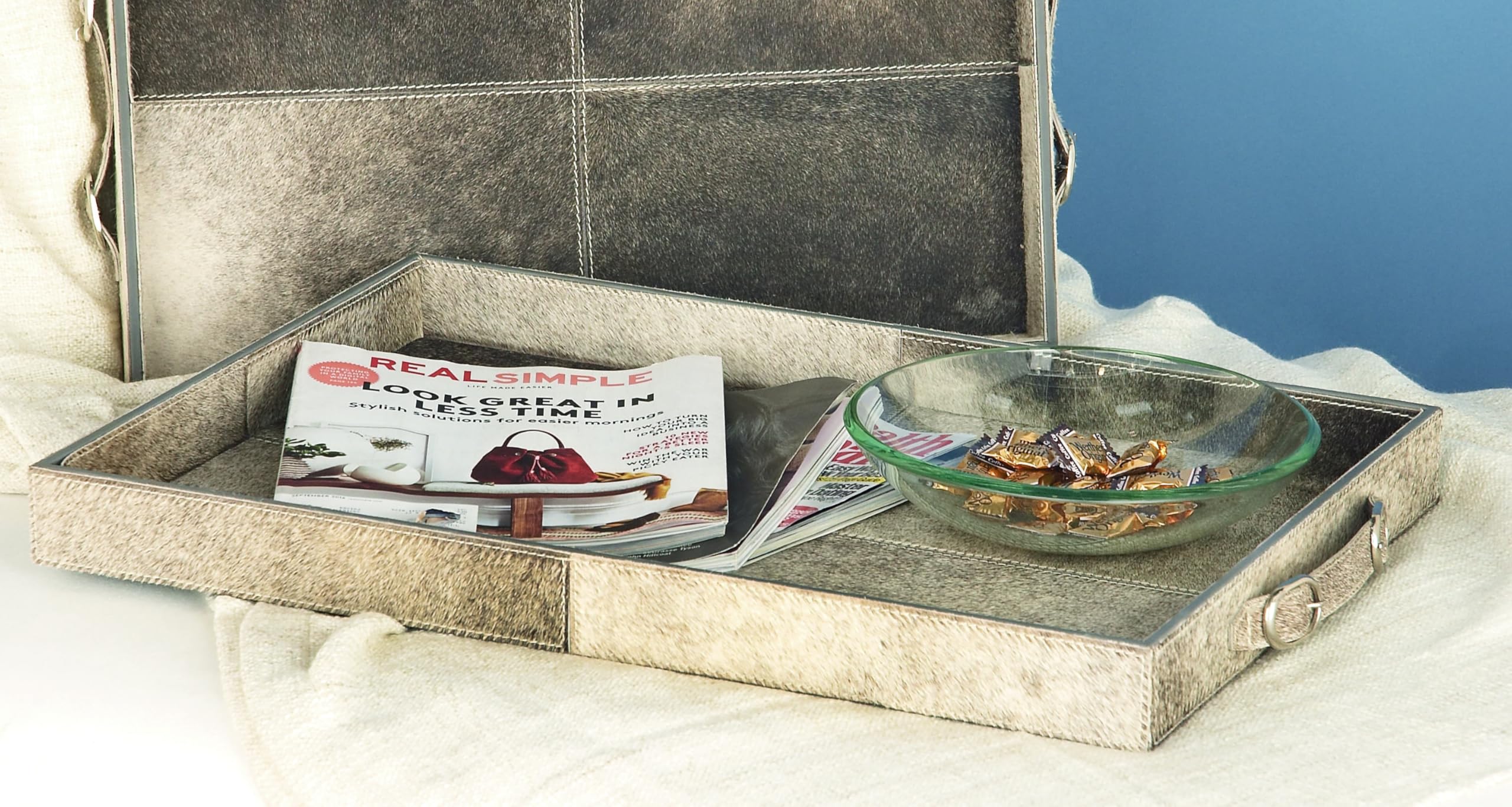 Amazon.com: Deco 79 Wooden Handmade Cowhide Tray with Slot Handles