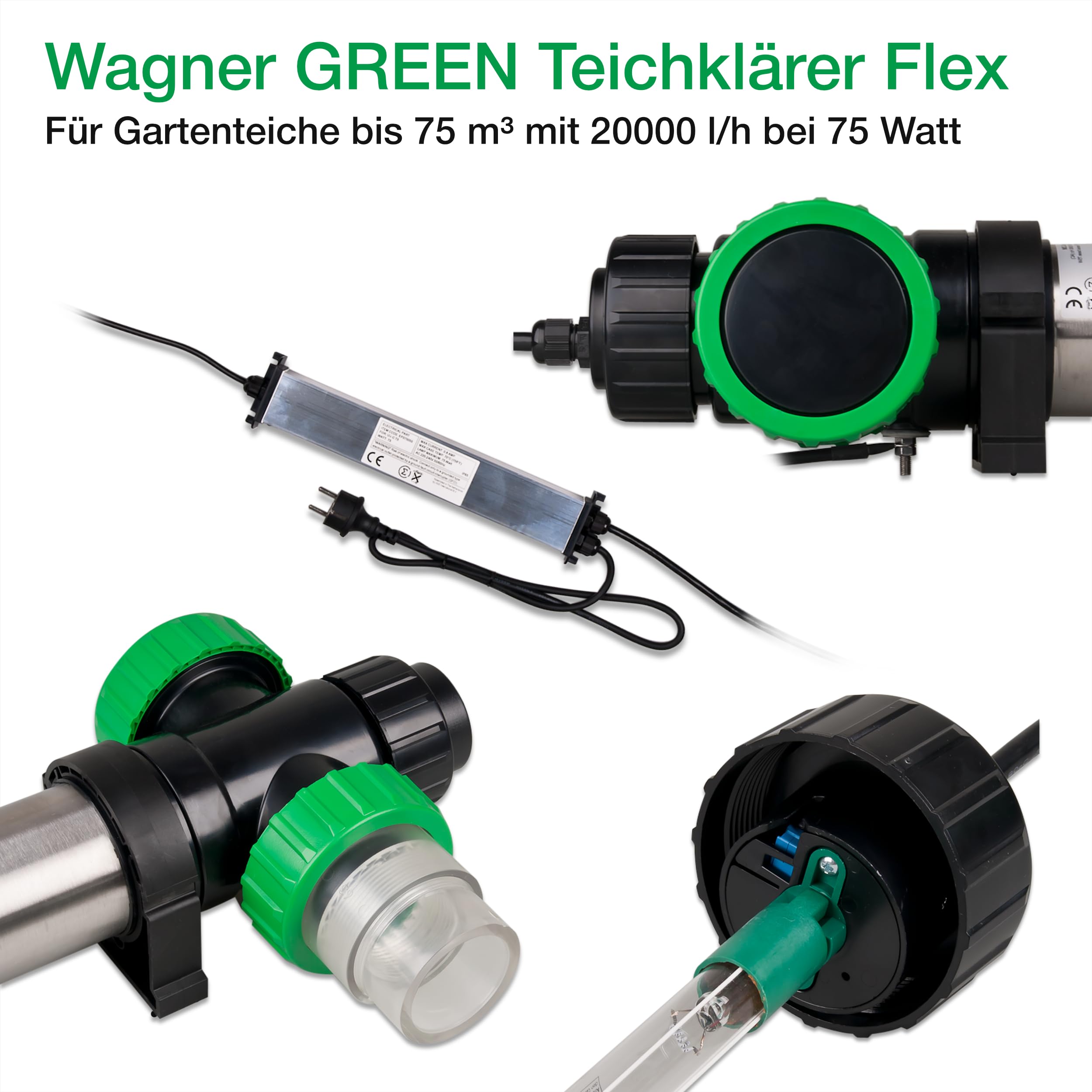 Wagner Green Flex UVC Teichklärer 75 Watt T5 - Flexible vielseitige Anschlussmöglichkeiten - Teich UVC Klärer bis 75 m³ - Koi Teich bis 35 m³ - Strahler zur Entkeimung - Sterilisator Algenvernichter