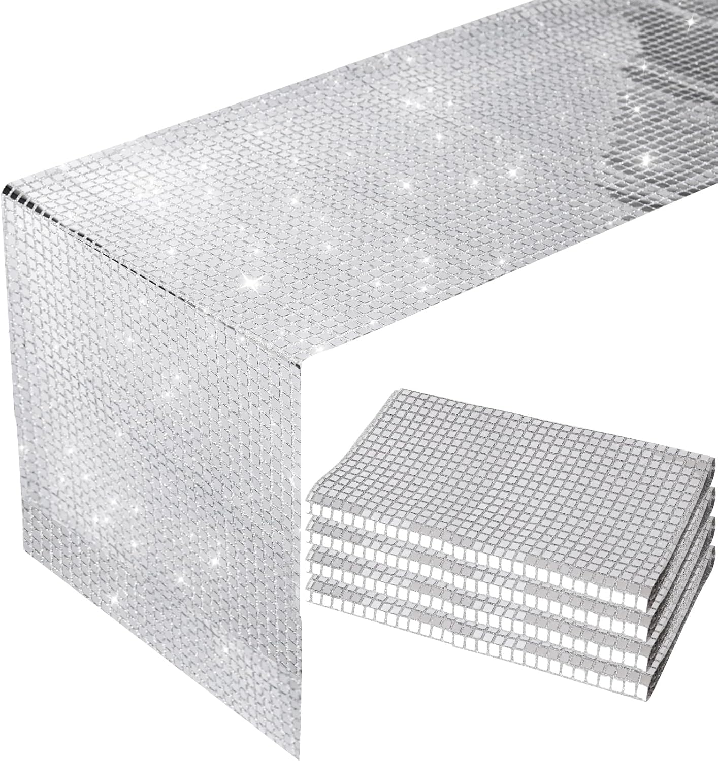 6PCS Glitter Disco Table Runner, 12" x 72" Retro 70s 80s Theme Decor, Silver Sequin, Party Supplies