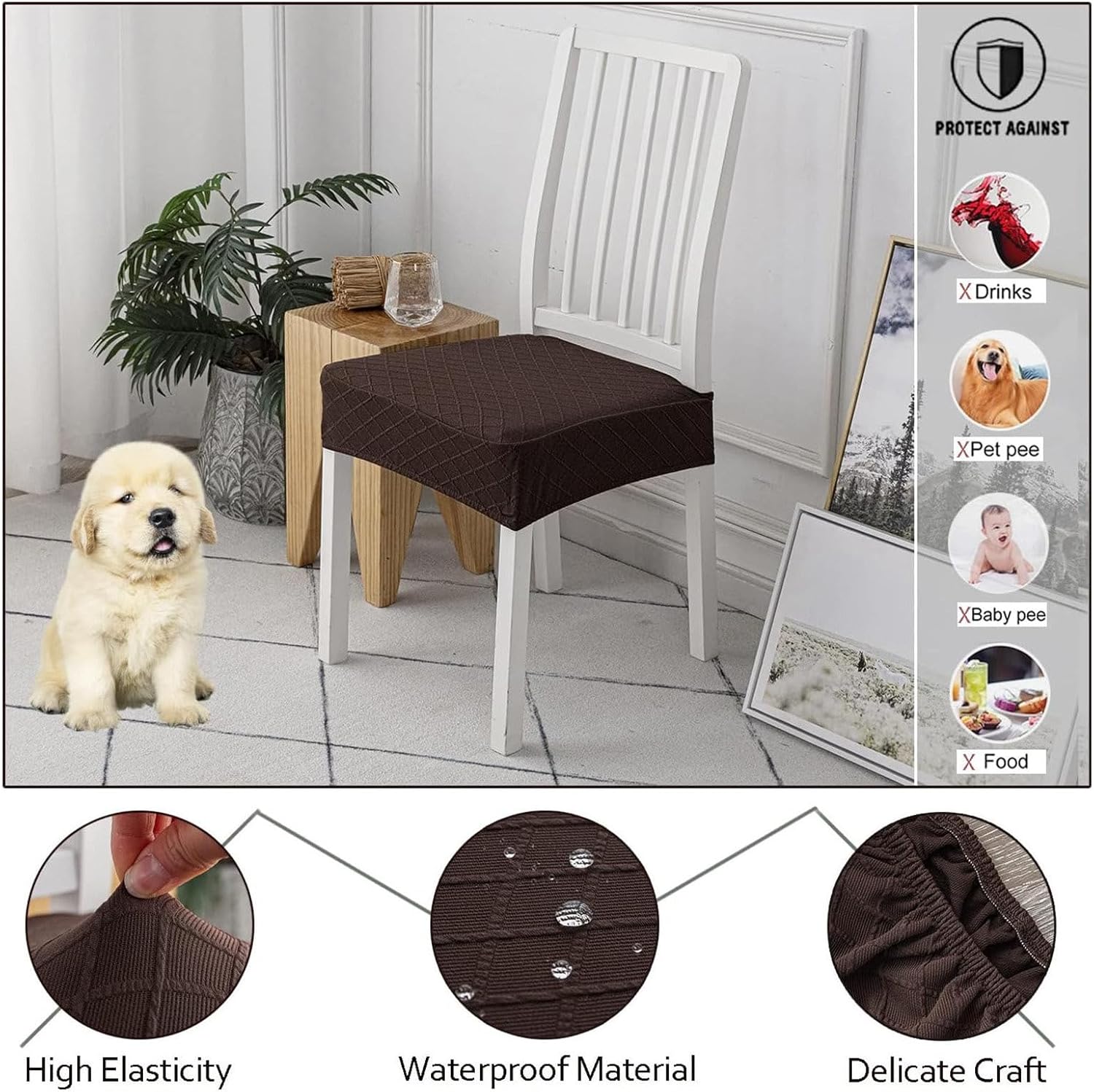 Dining Chair Seat Covers, Dining Room Chair Seat Cushion Slipcovers, Dining Chair Covers, Waterproof Dining Chair Seat Protectors (Coffee,Set of 4)